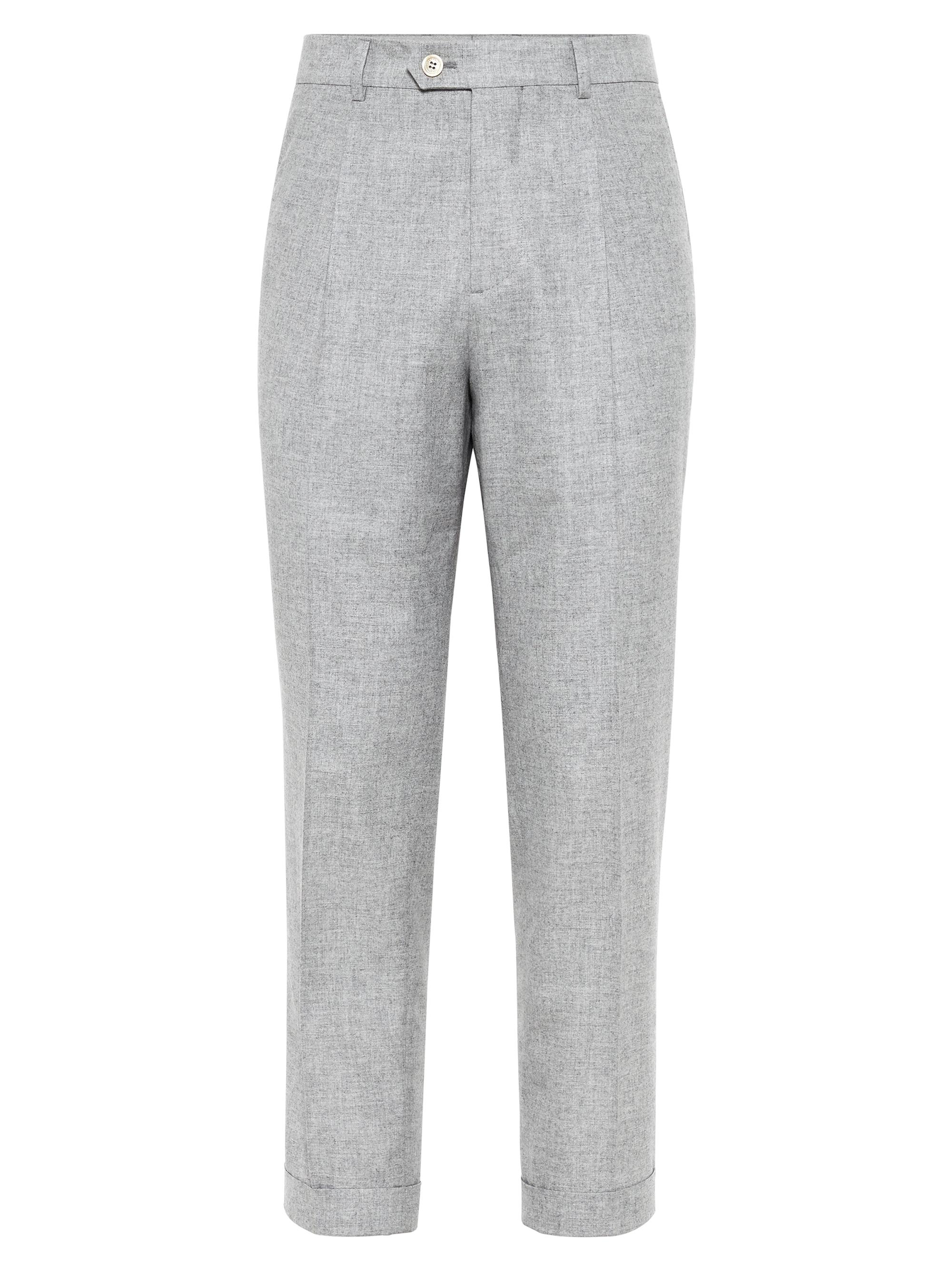Brunello Cucinelli Men's Lightweight Flannel Leisure Fit Trousers with Pleats - Pearl Grey