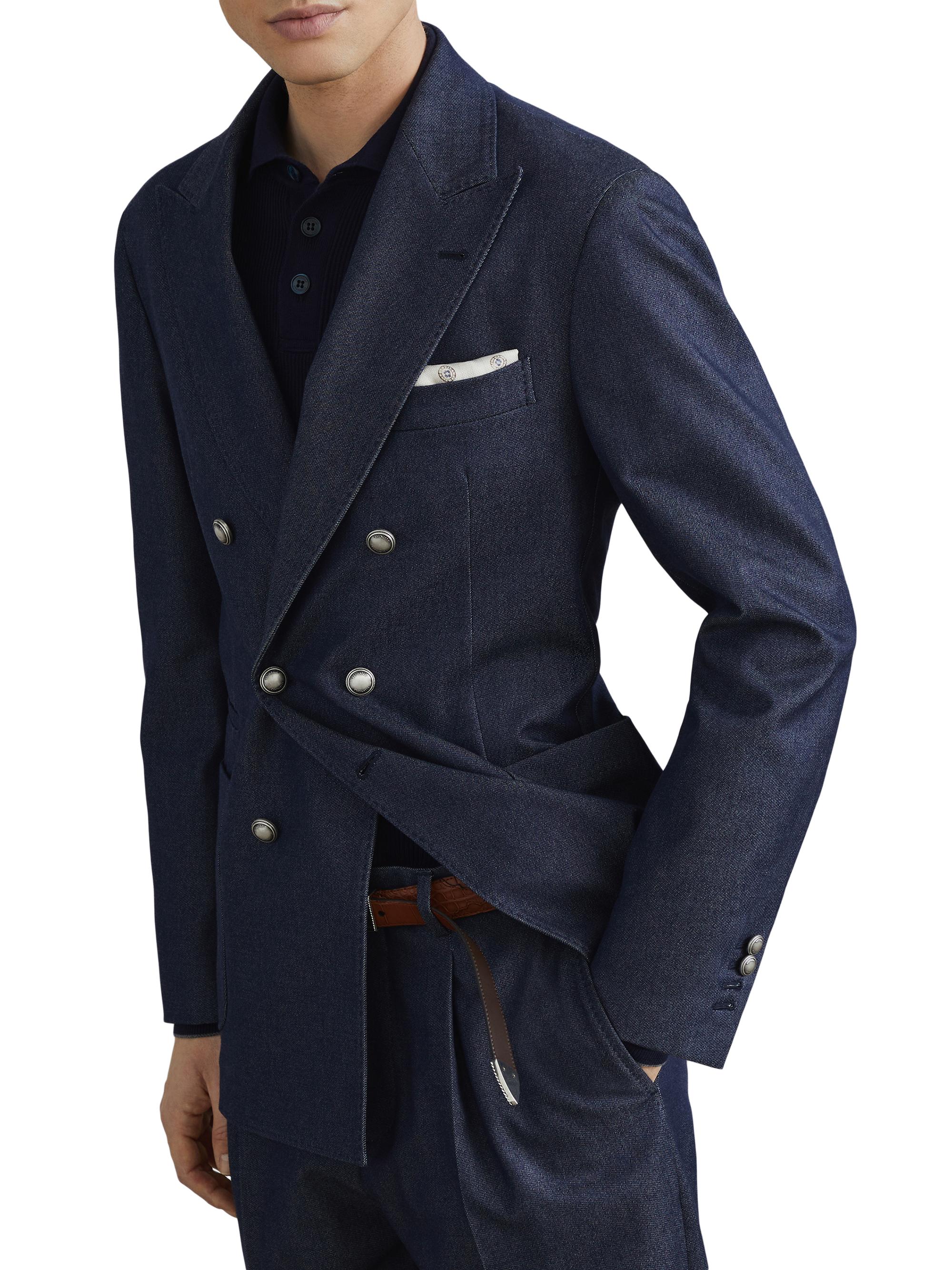 Brunello Cucinelli Men's One and a Half Breasted Blazer with Metal Buttons - Navy Blue