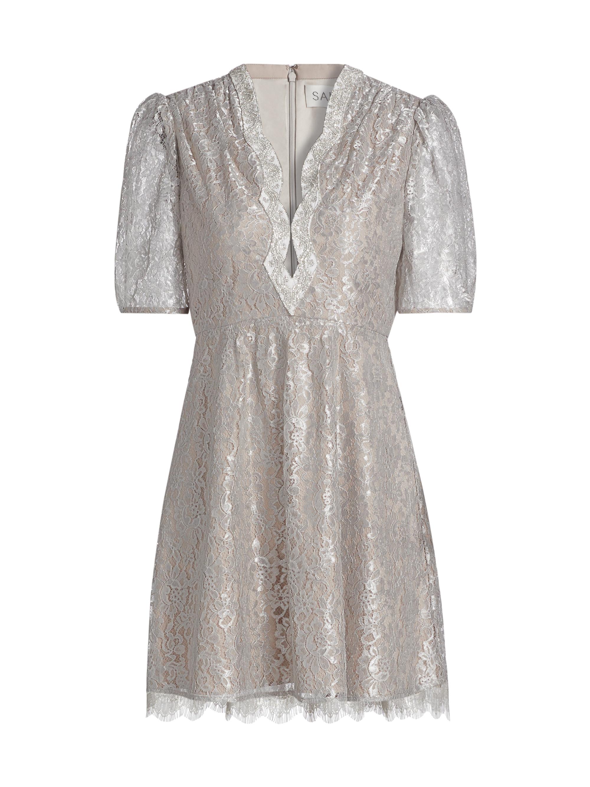 Saloni Women's Tabitha Metallic Lace Minidress - Silver  Embroidery