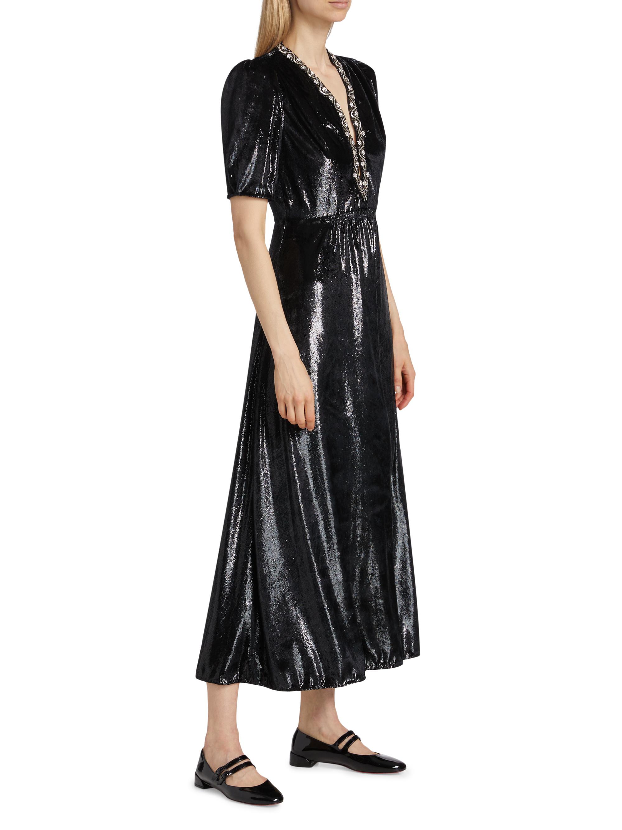Saloni Tabitha Metallic Velvet Midi Dress - Black Mamba Embroi...