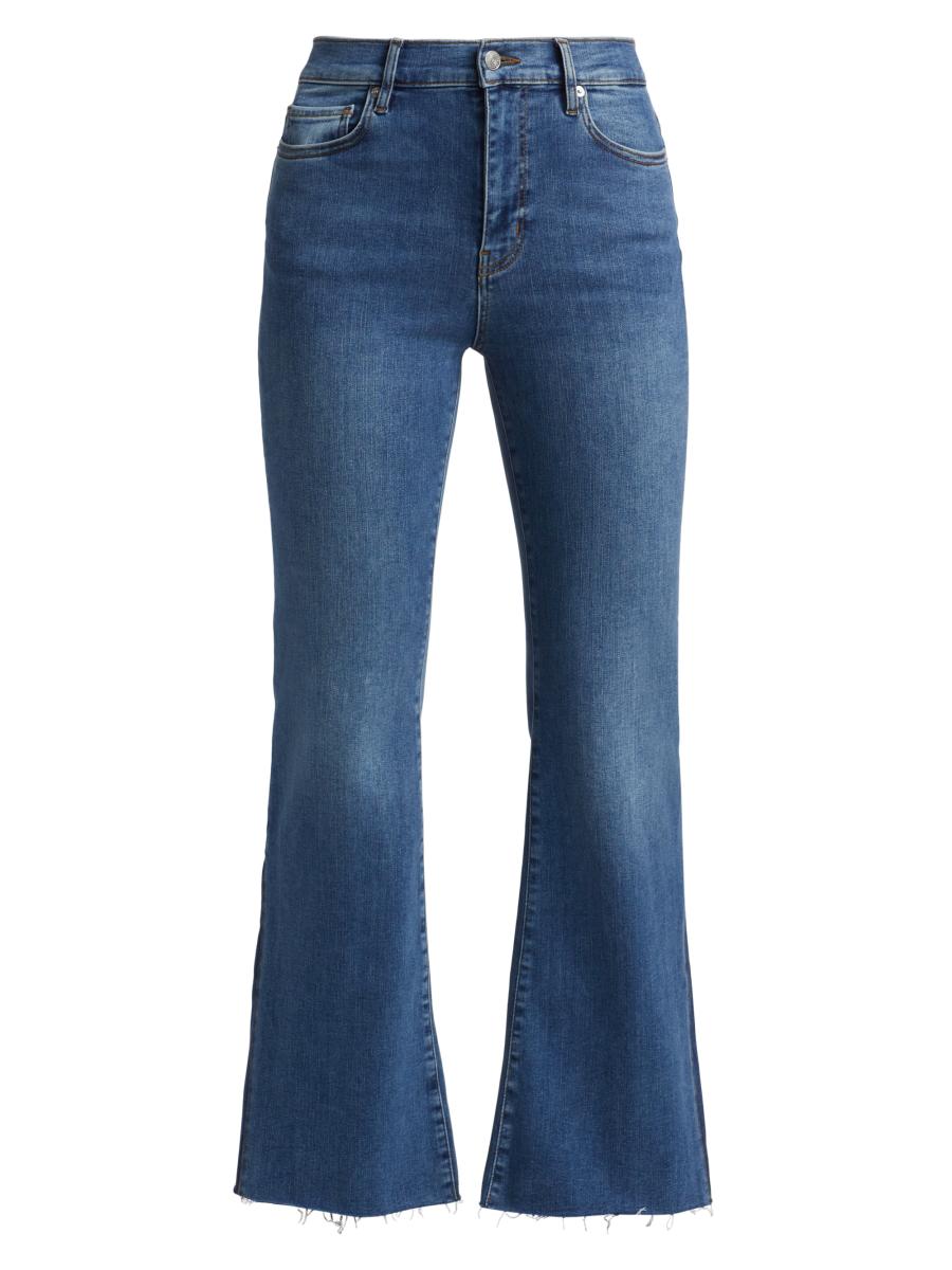 Shop Frame Le Easy Flare Raw Fray High-Rise Stretch Jeans Shop Frame Le Easy Flare Raw Fray High-Rise Stretch Jeans
