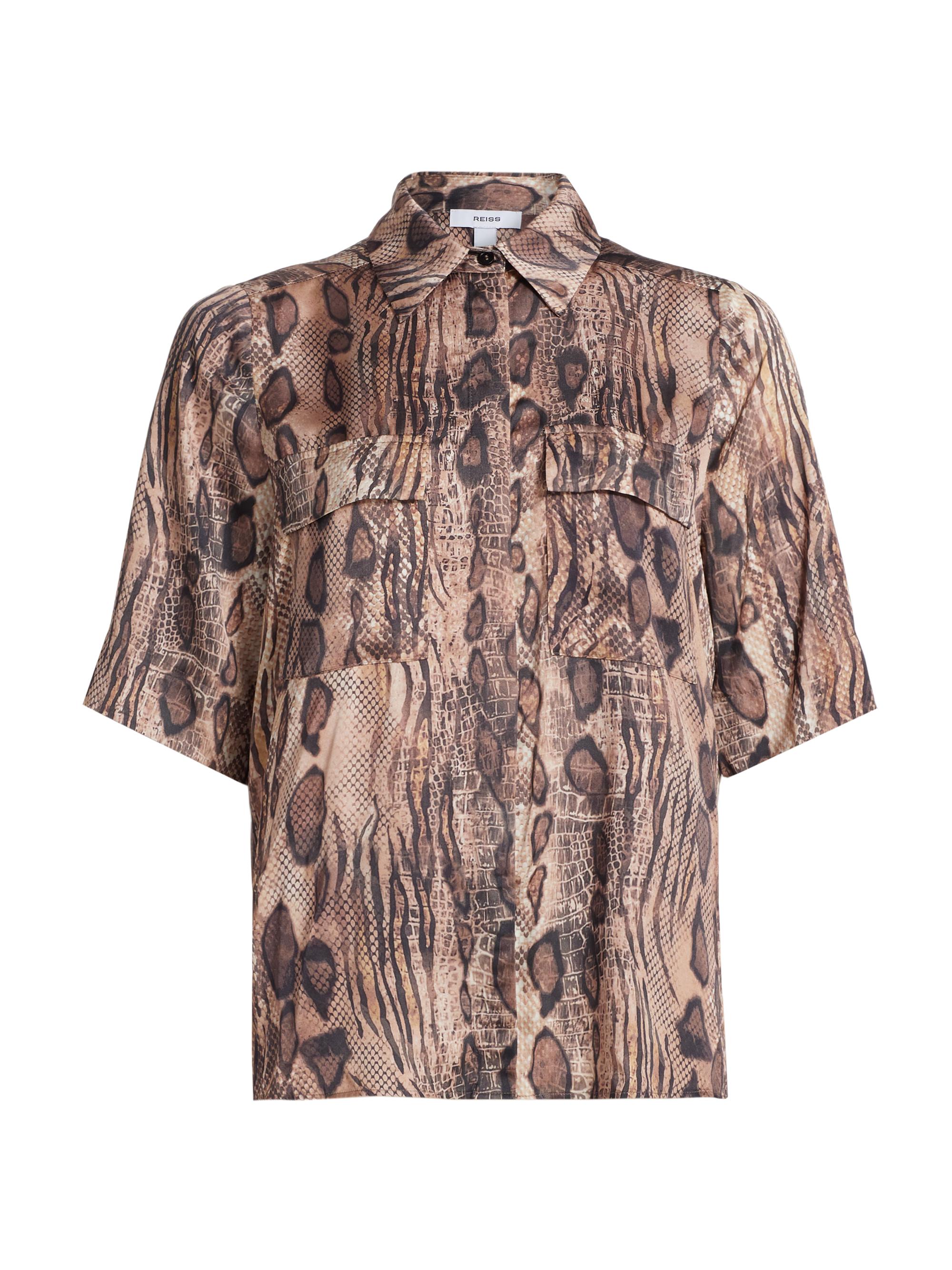 Reiss Women's Maya Snake-Print Short-Sleeve Shirt - Mink