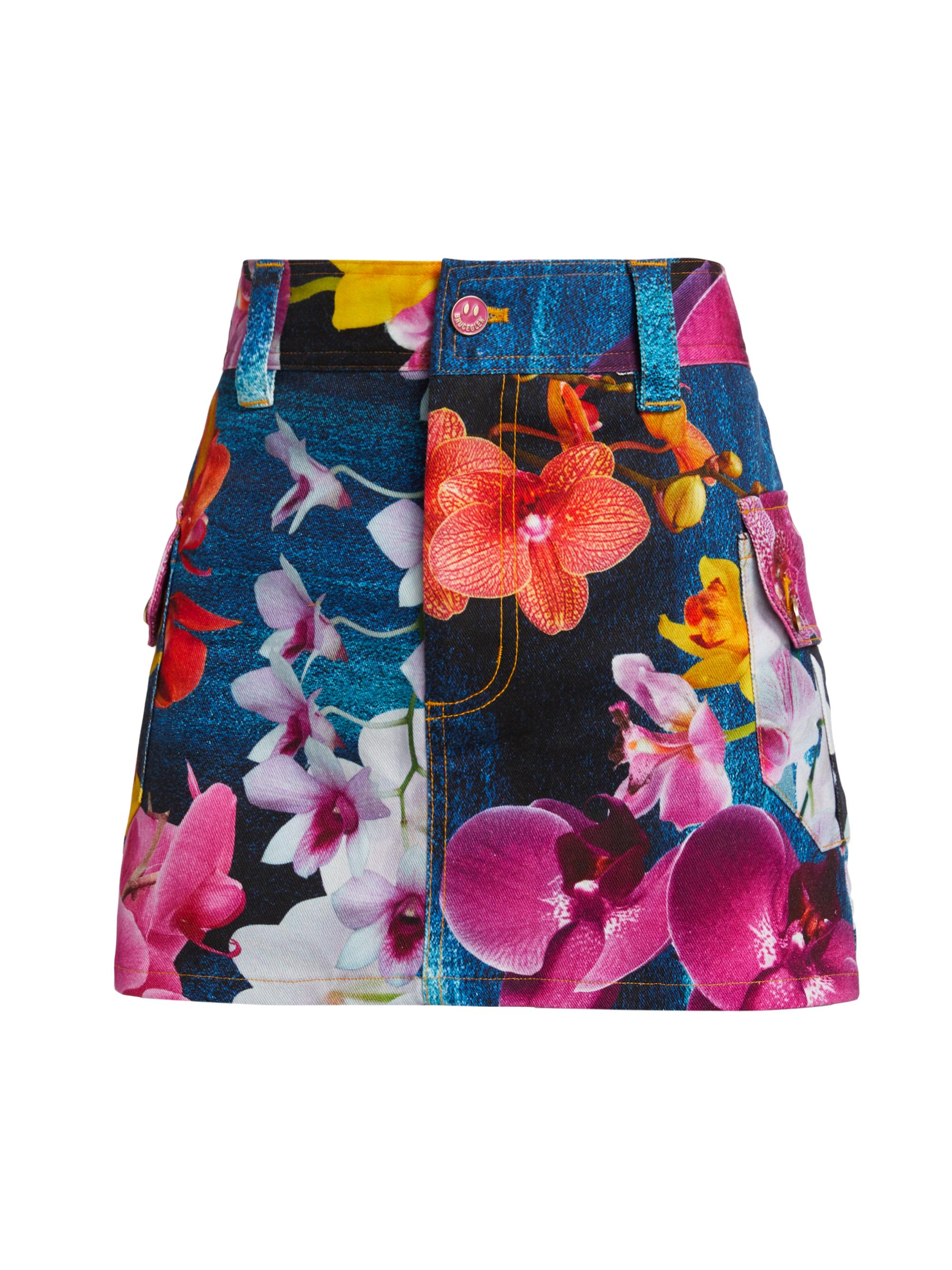 BruceGlen Women's Orchid Floral Denim Cargo Miniskirt - Navy