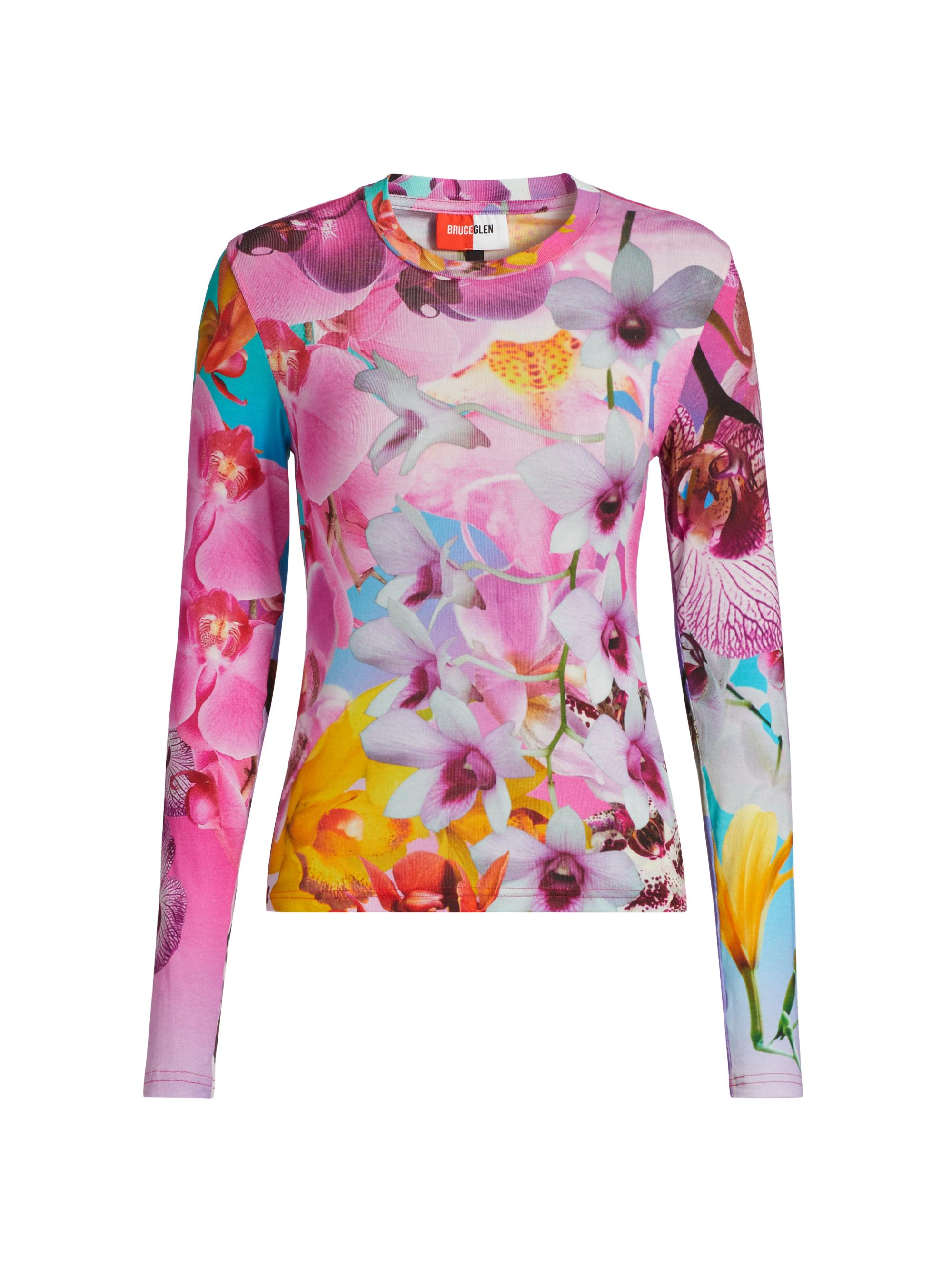 BruceGlen Women's Orchid Floral Rib-Knit Crewneck T-Shirt - Pink