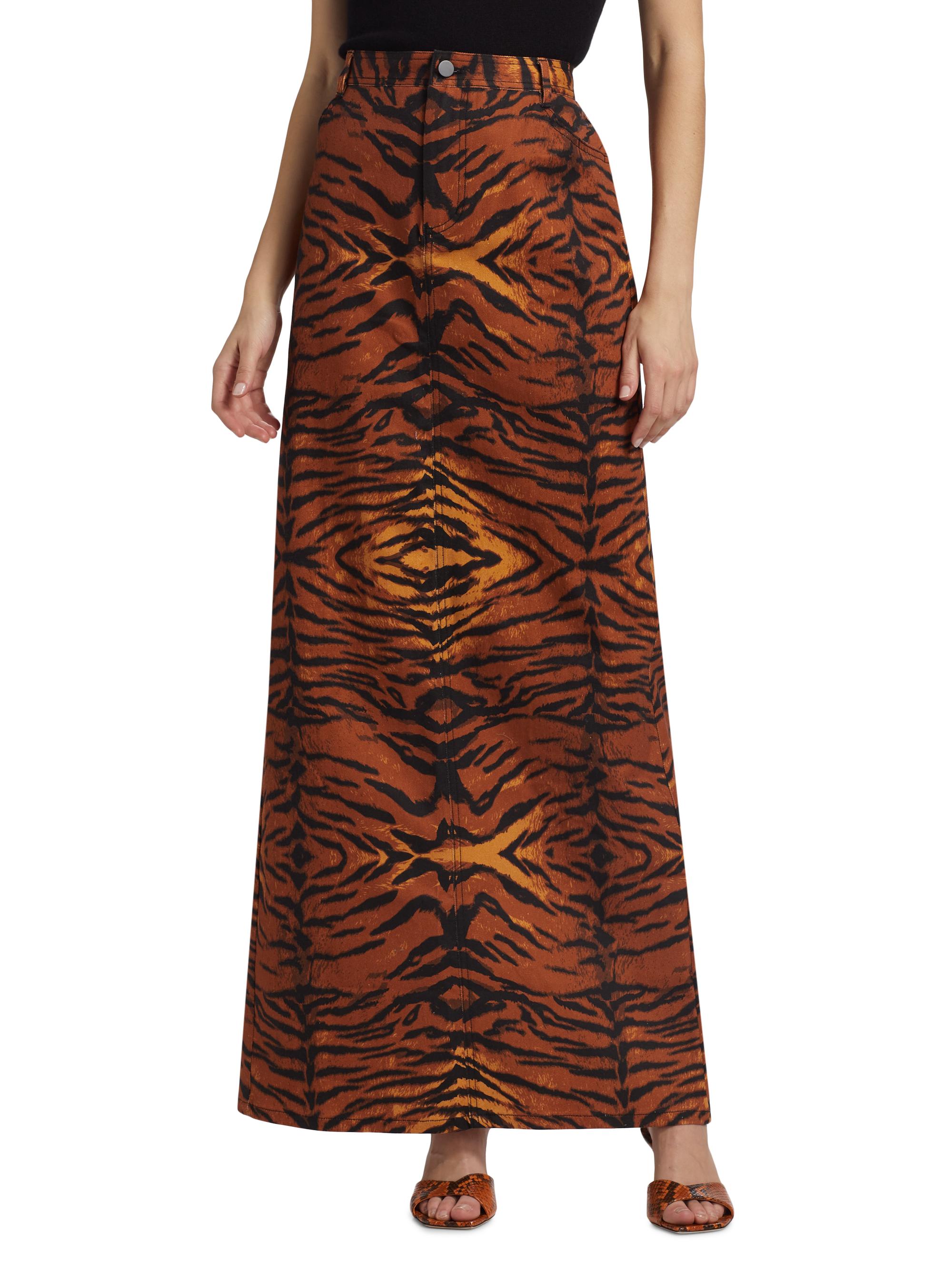 BruceGlen Women's Tiger Denim Maxi Skirt - Brown - side view in Brown