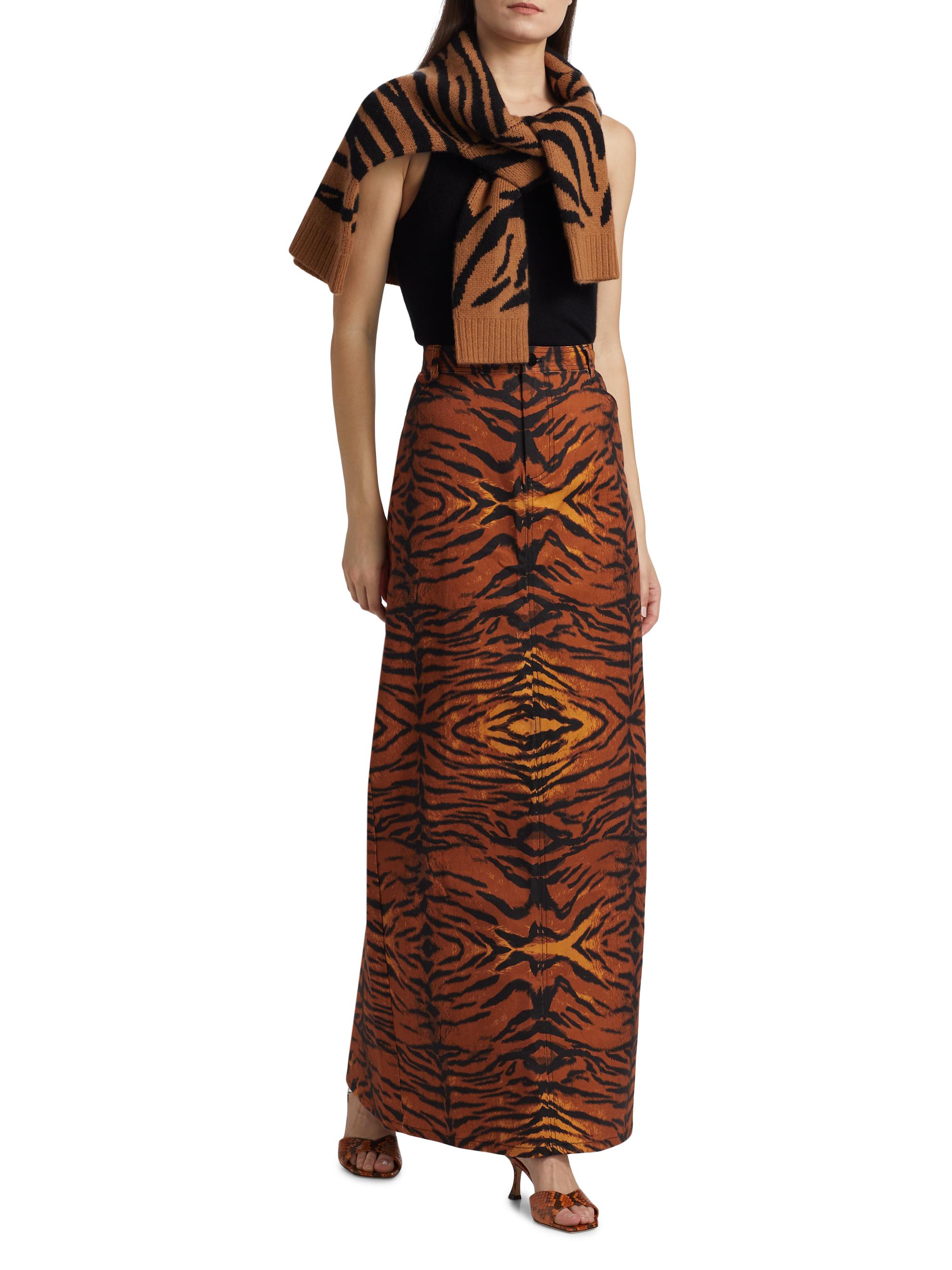BruceGlen Women's Tiger Denim Maxi Skirt - Brown - back view in Brown