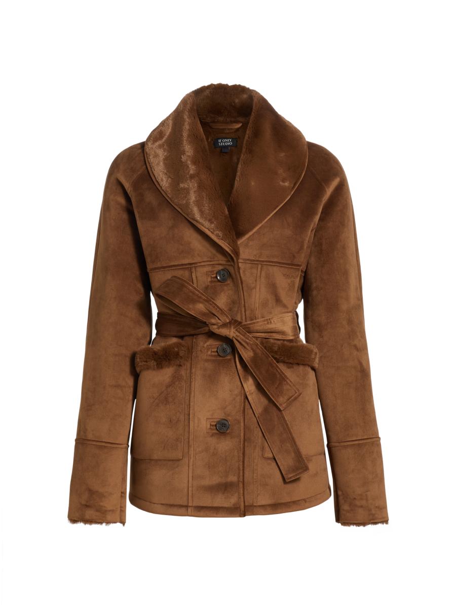If Only Studio Women's Belted Faux-shearling Coat In Brown