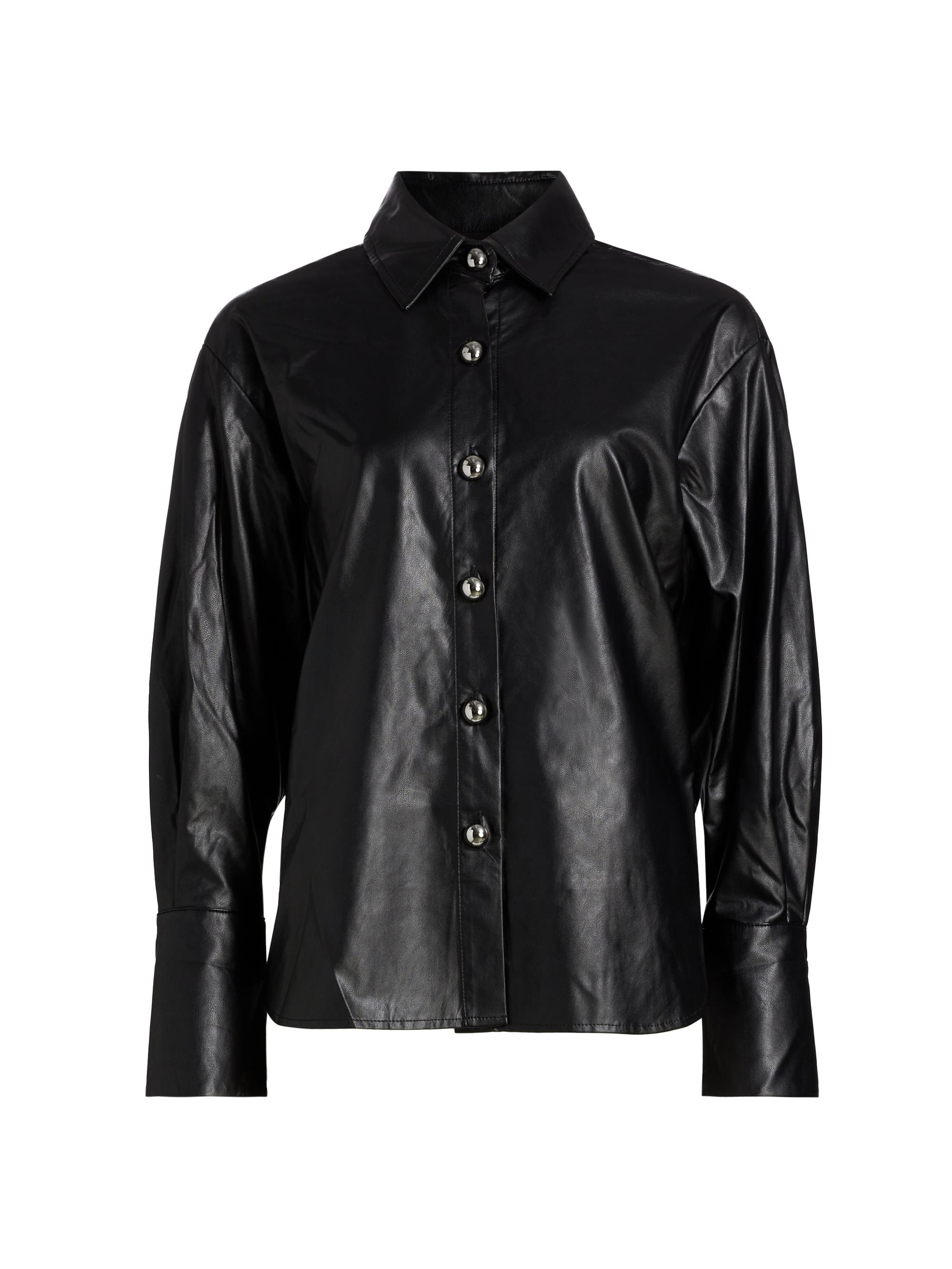If Only Studio Women's Faux-Leather Button-Front Shirt - Black