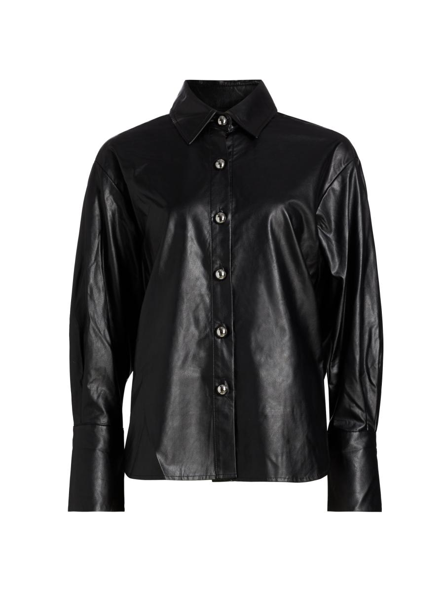 If Only Studio Women's Faux-leather Button-front Shirt In Black