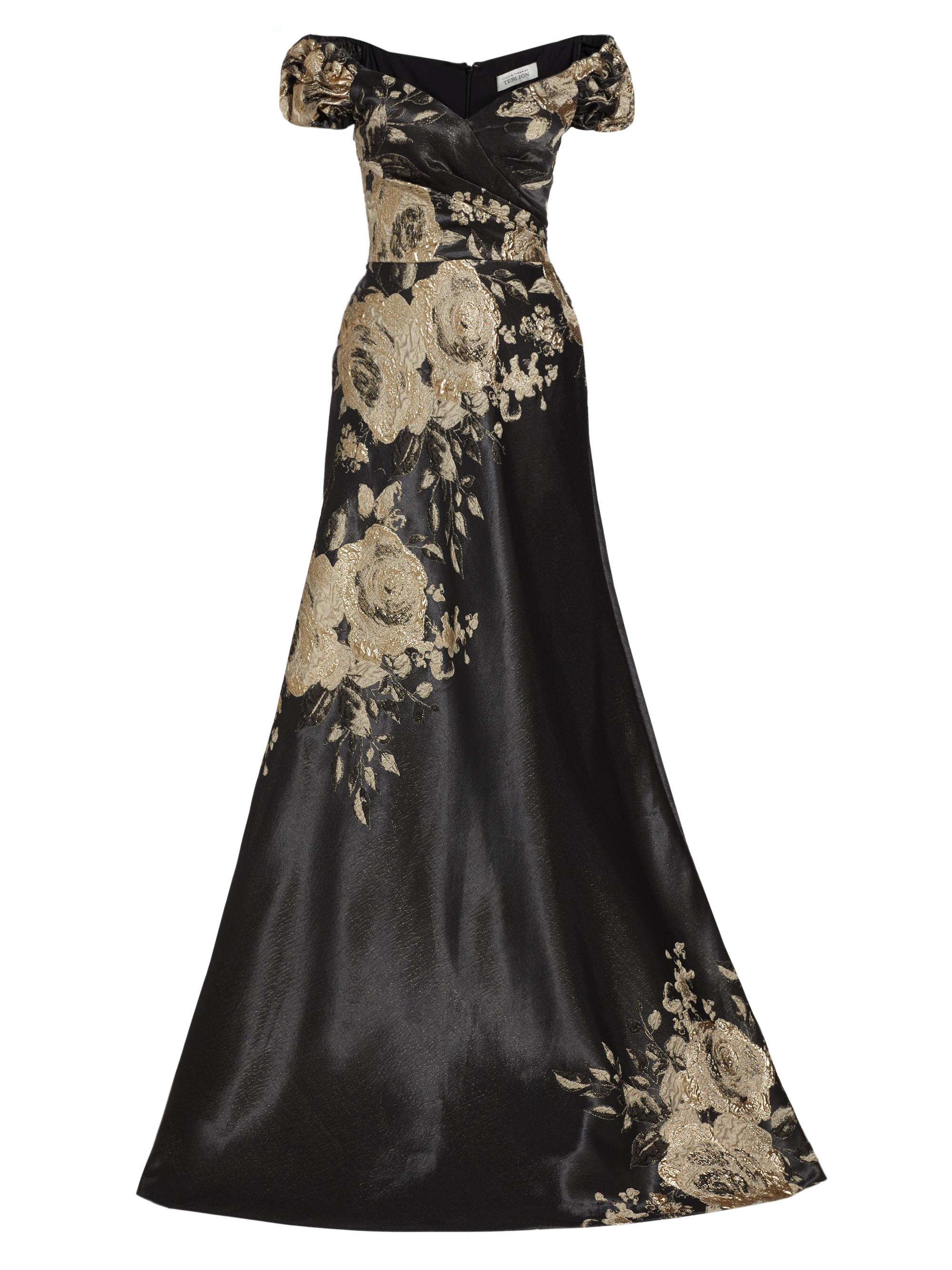 Teri Jon by Rickie Freeman Women's Floral Metallic Jacquard Off-the-Shoulder Gown - Charcoal Gold