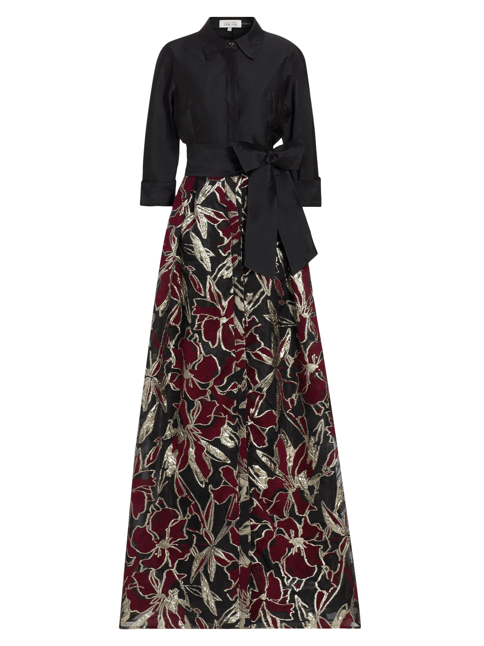 Teri Jon by Rickie Freeman Women's Floral Metallic Taffeta-Organza Shirt Gown - Black Multi