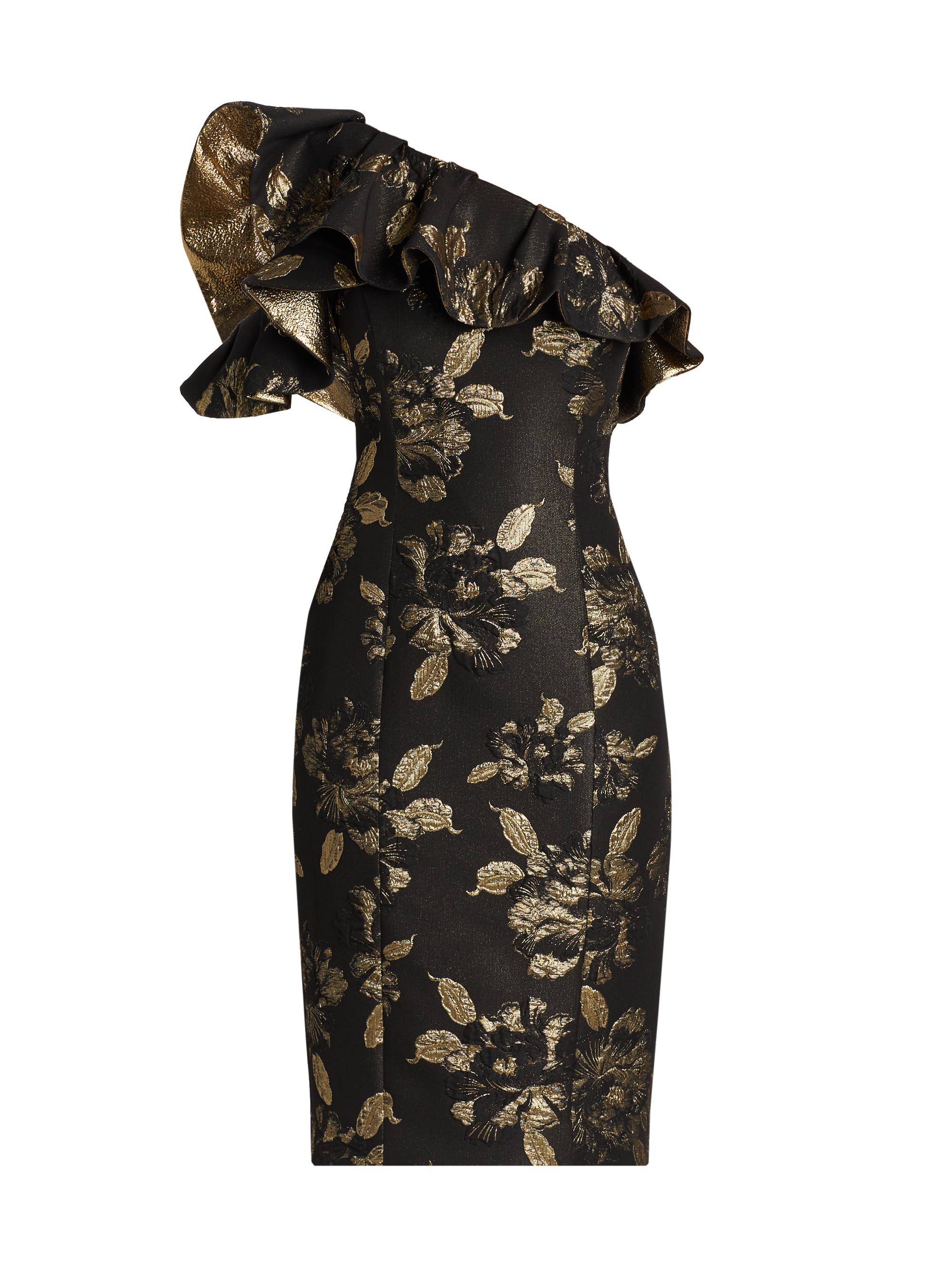 Teri Jon by Rickie Freeman Women's Floral Metallic Jacquard Ruffled One-Shoulder Cocktail Dress - Black Gold