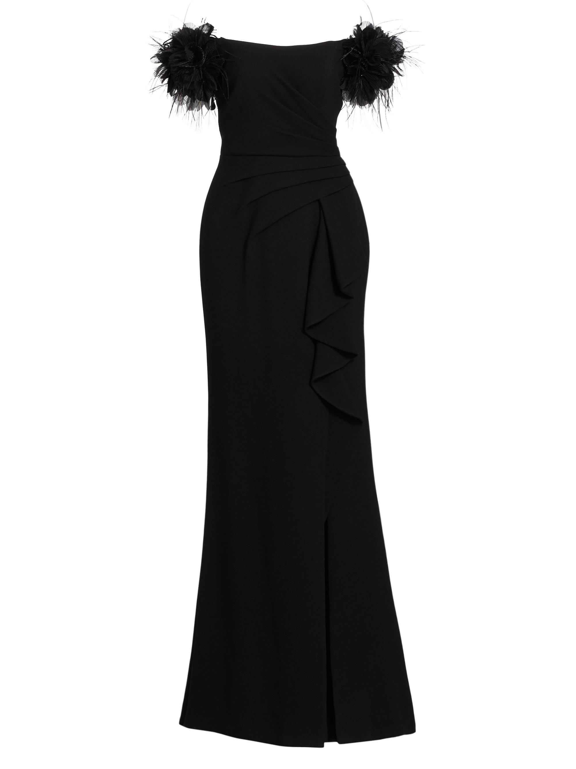 Teri Jon by Rickie Freeman Women's Feather-Embellished Crepe Off-The-Shoulder Gown - Black