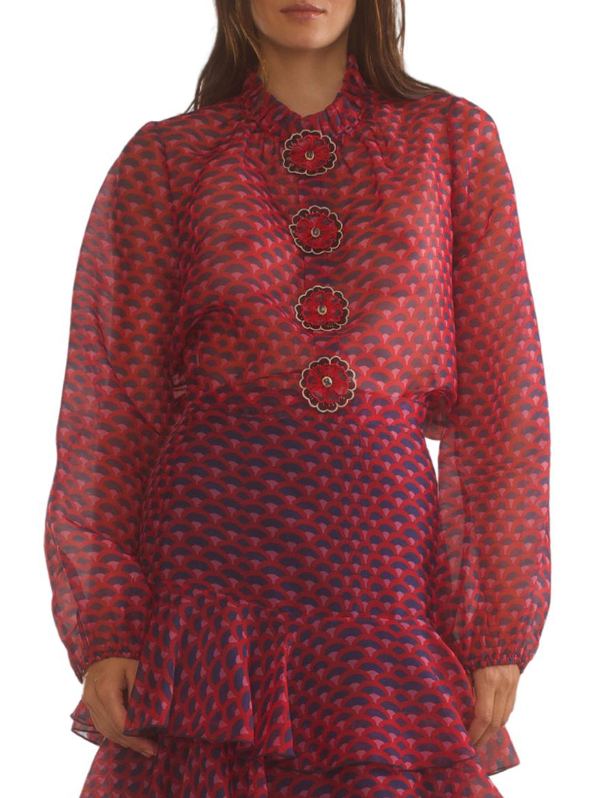 Cynthia Rowley Women's Flower Silk Organza Blouse - Red Navy