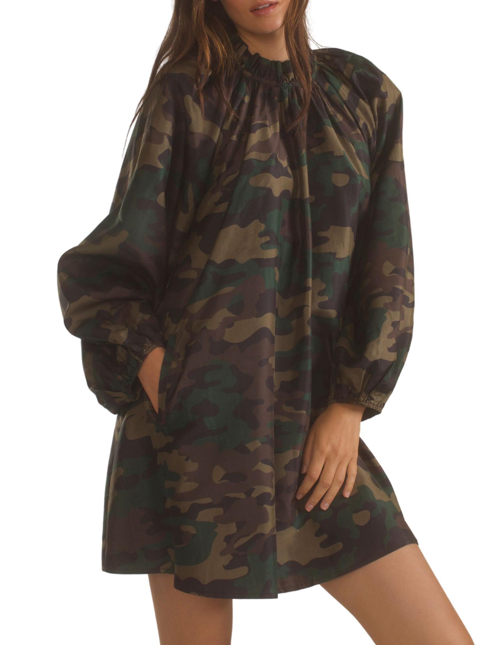 green camouflage dress Green And Blue Satin Camo Dress – The Runway Company