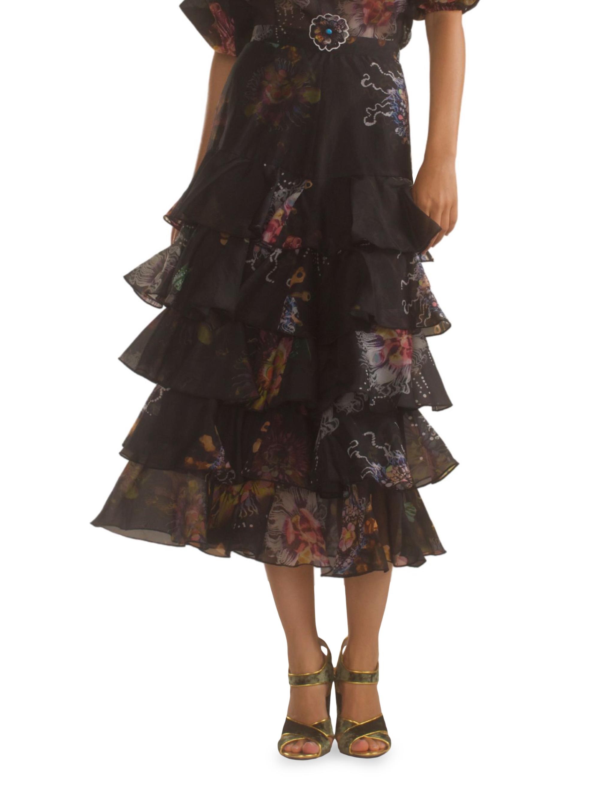 Cynthia Rowley Women's Silk Organza Ruffle Midi-Skirt - Black Floral