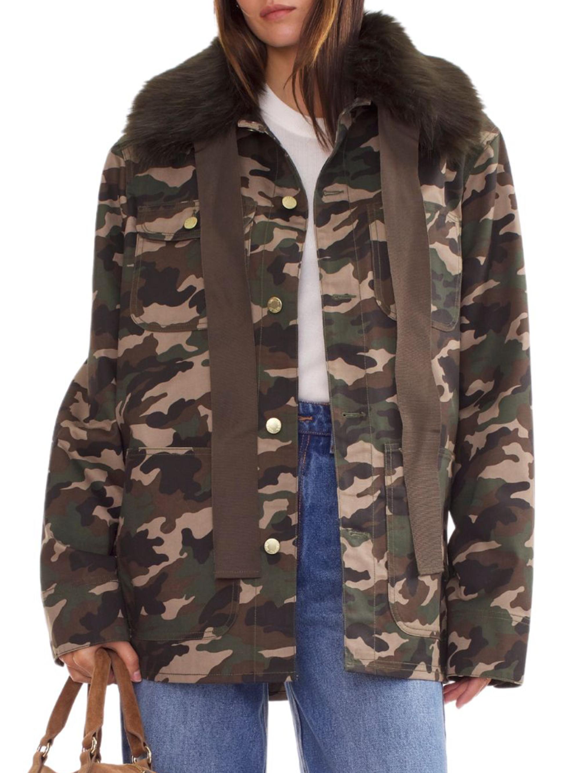 Cynthia Rowley Women's Removable Faux-Fur Collar Button-Front Utility Jacket - Green Camo