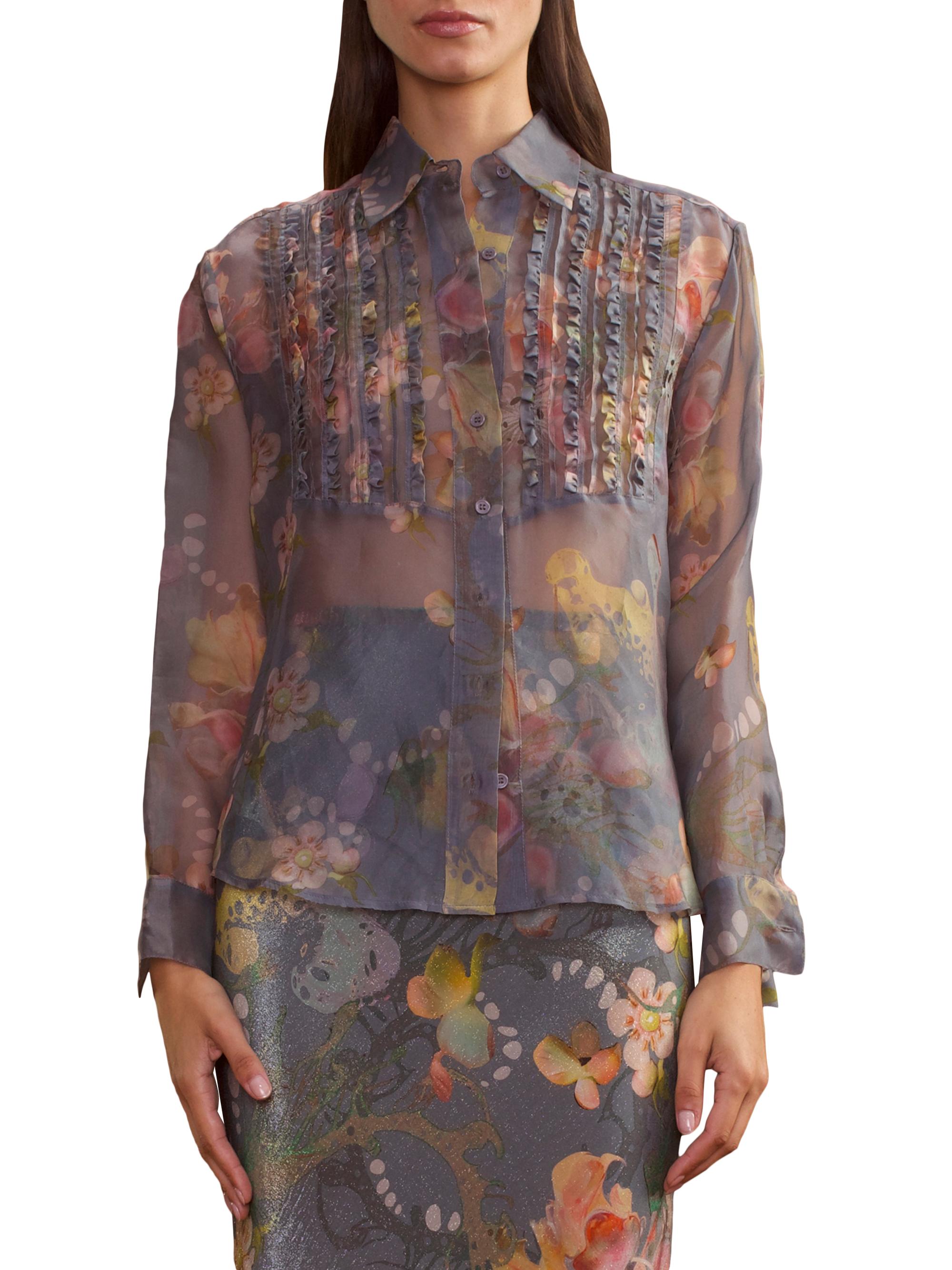 Cynthia Rowley Women's Silk Organza Tuxedo Shirt - Grey Floral