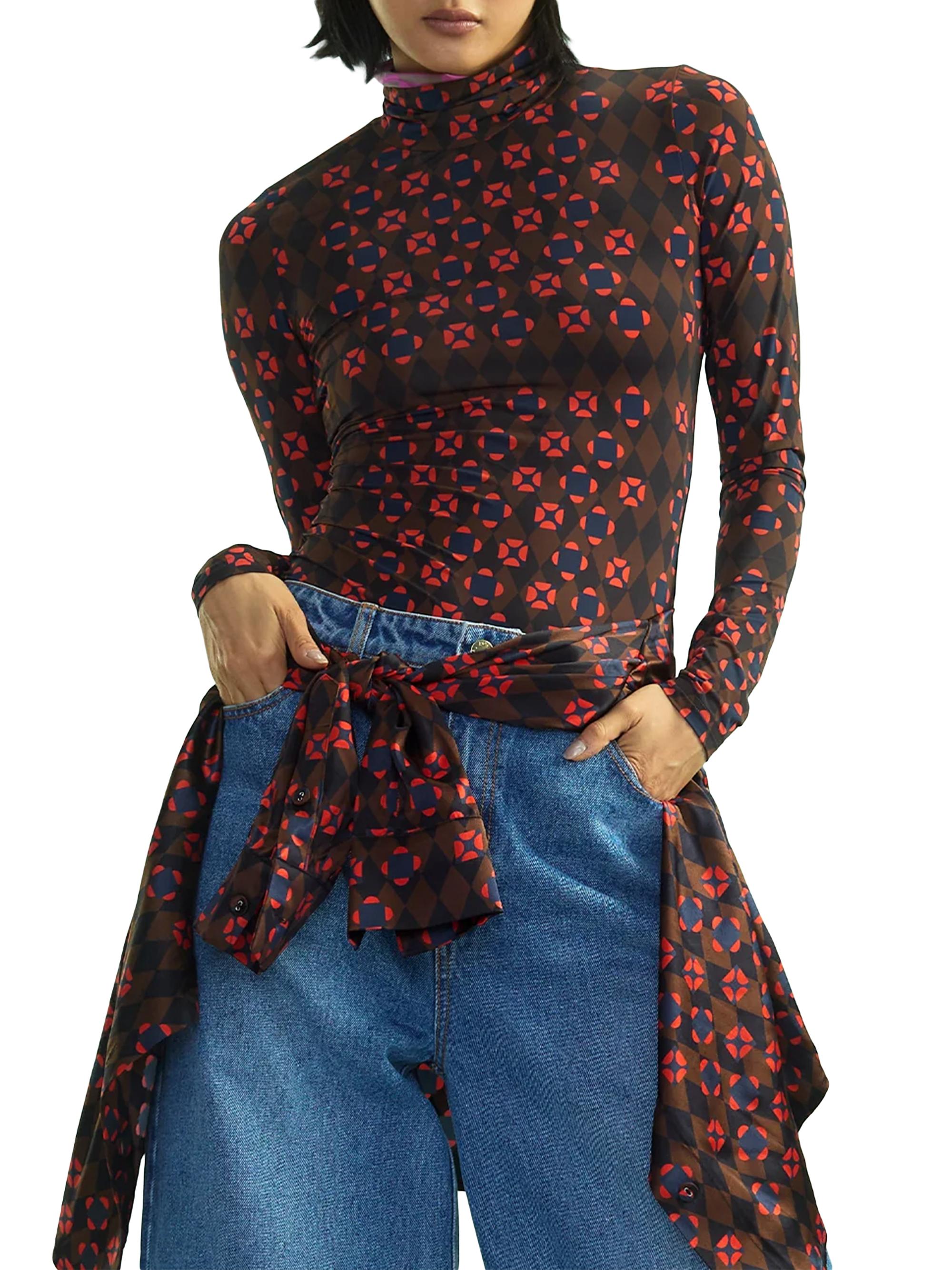 Cynthia Rowley Women's Abstract Printed Mock Turtleneck Top - Geo Black Red