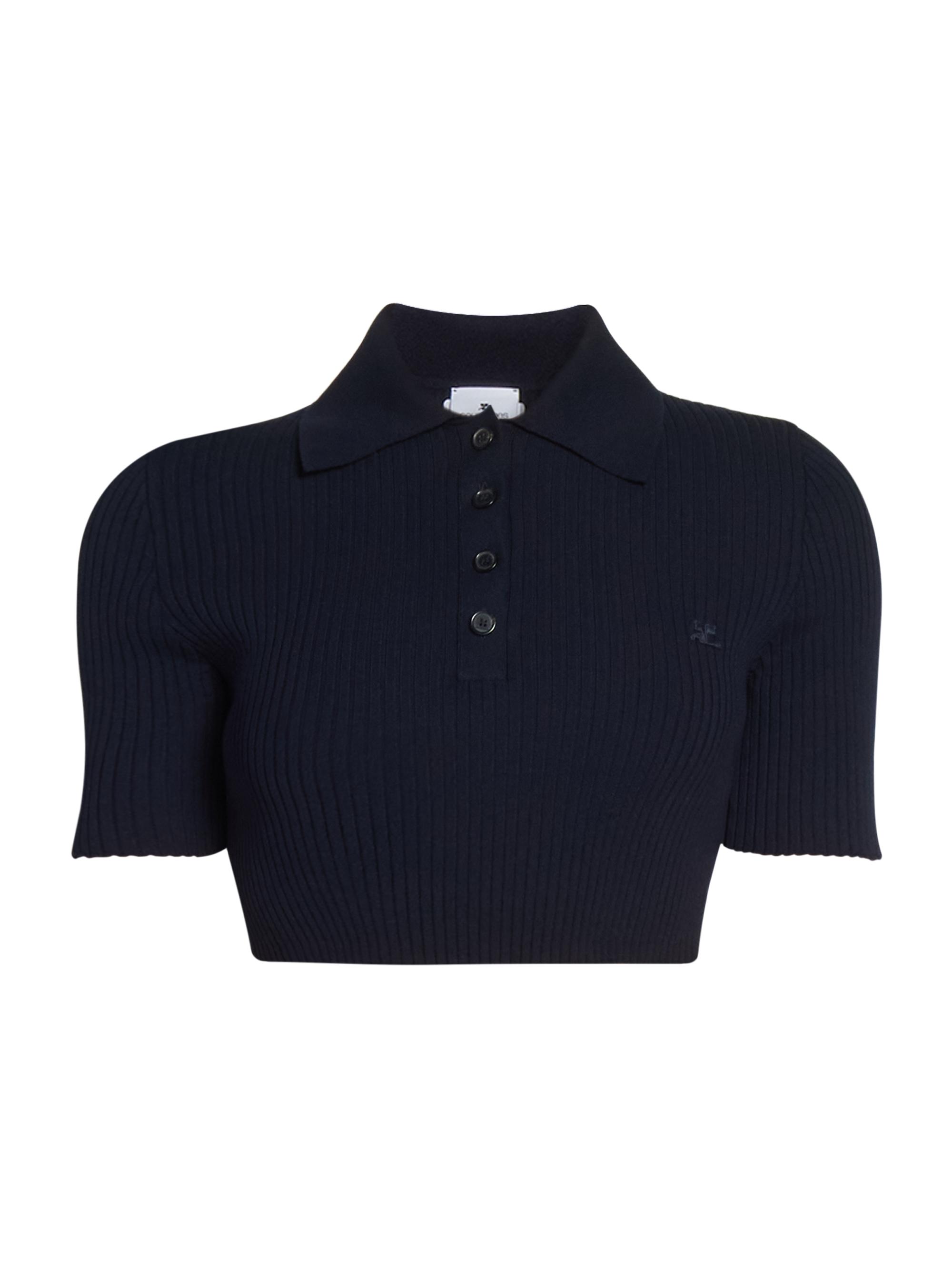 Courreges Women's AC Rib-Knit Cropped Polo T-Shirt - Navy