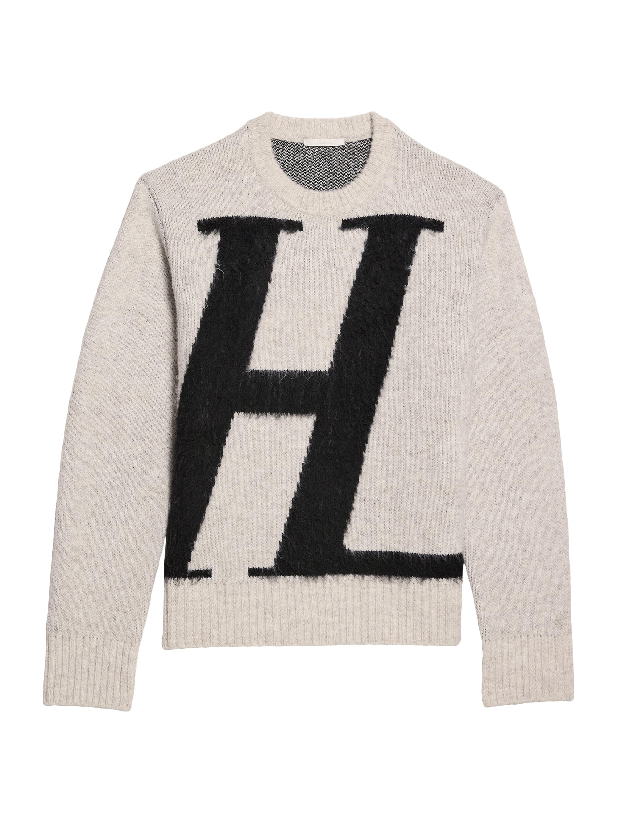 Helmut Lang Men's Logo Instarsia Knit Crewneck Sweater - Light Grey
