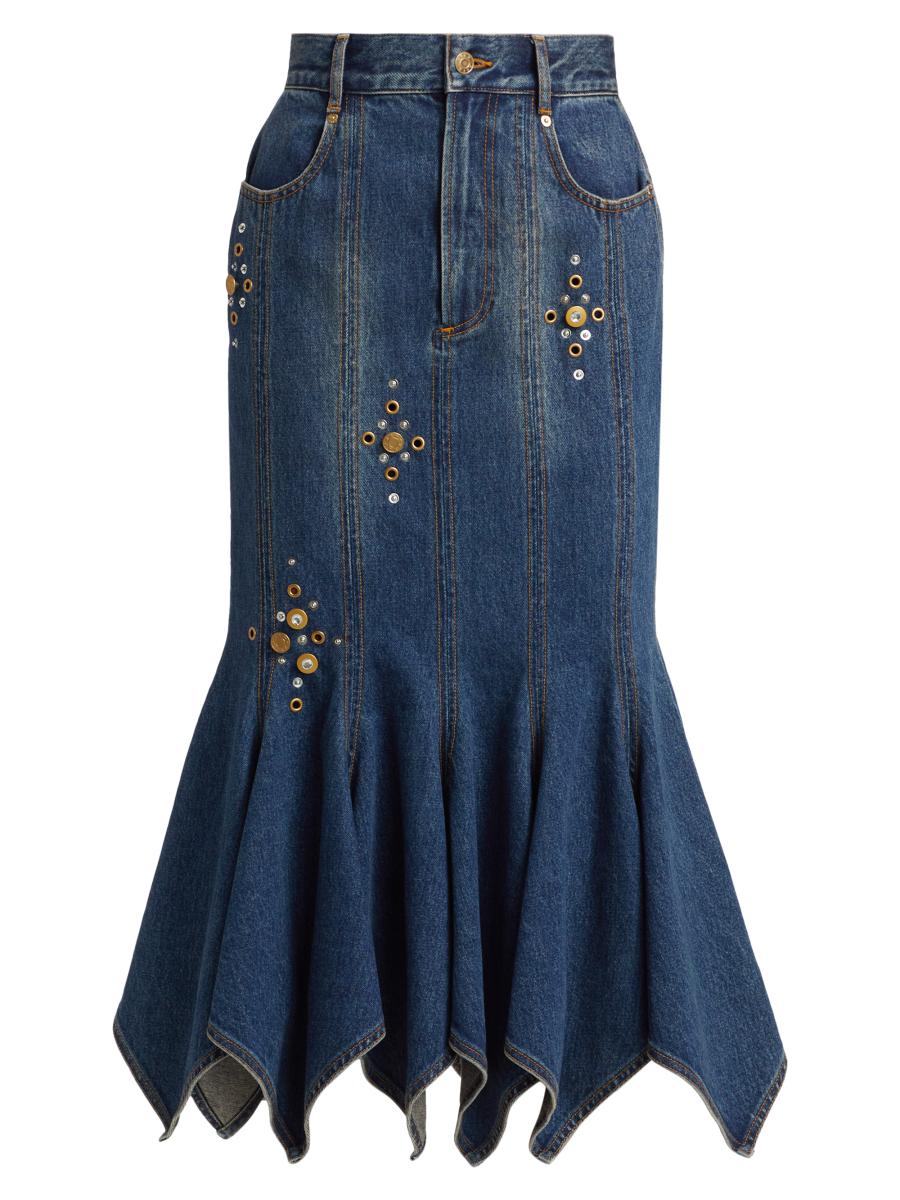 Area Embellished Denim Handkerchief-Hem Trumpet Midi-Skirt