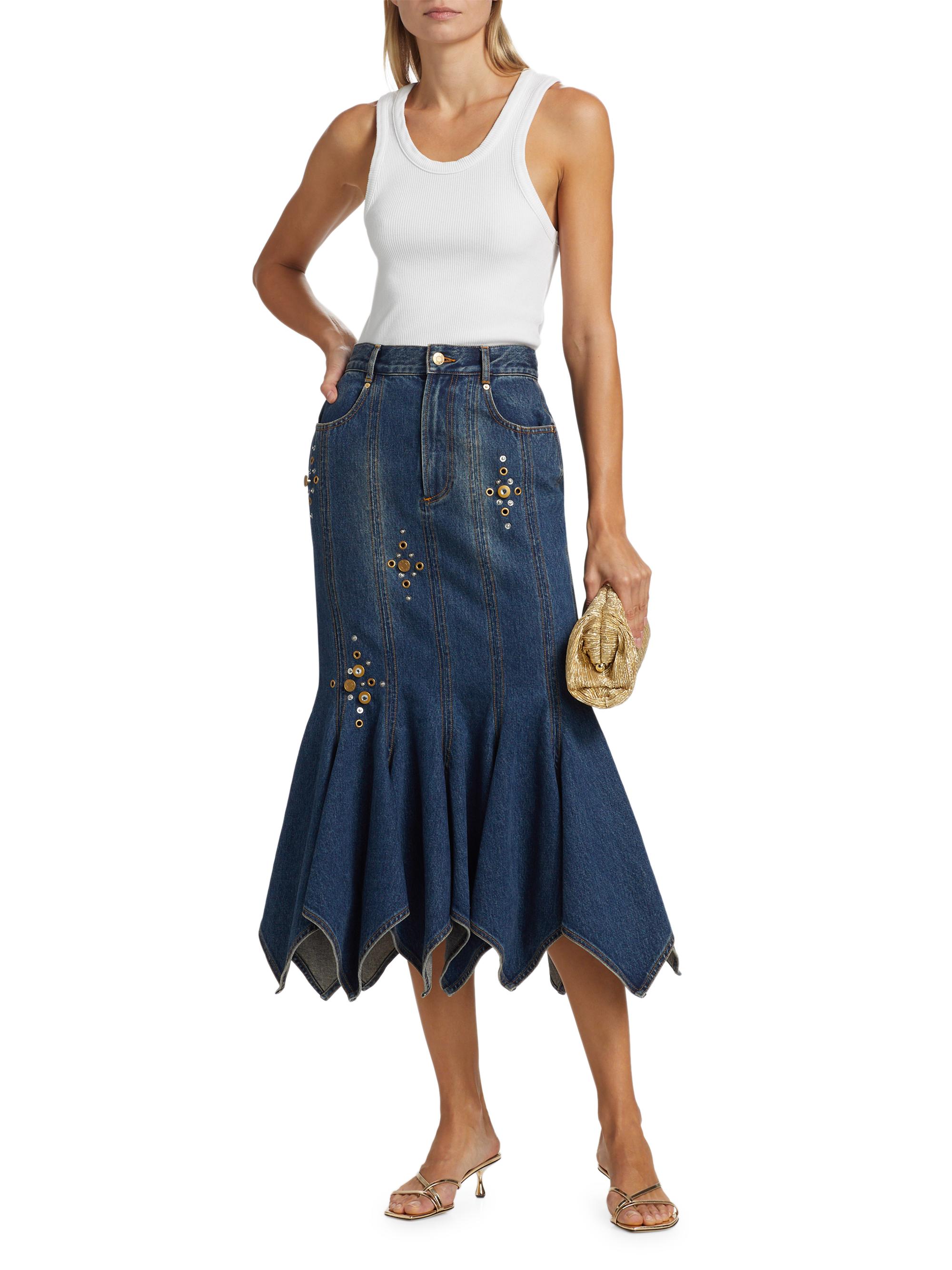 Area Embellished Denim Handkerchief-Hem Trumpet Midi-Skirt Saks