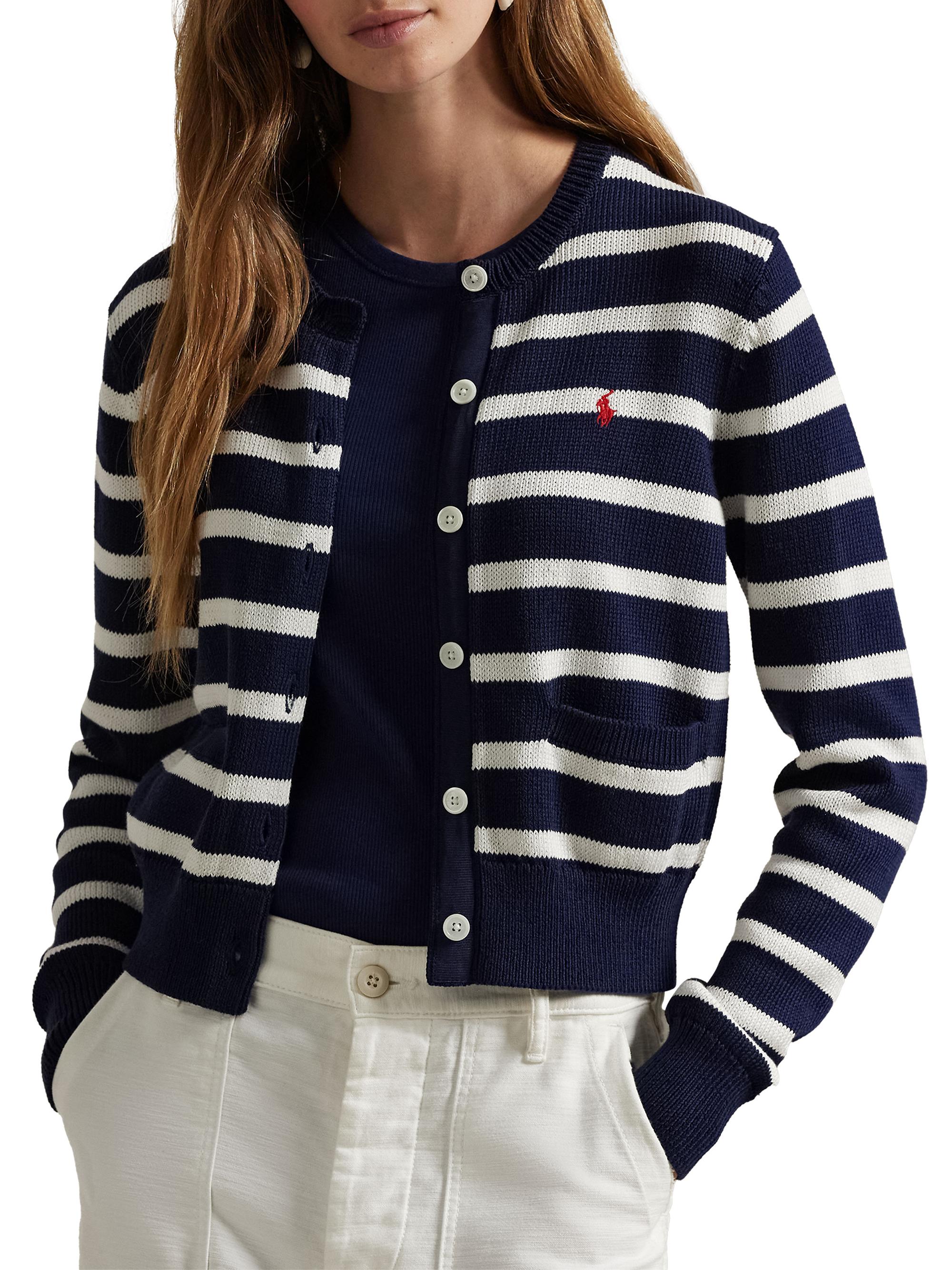 Polo Ralph Lauren Women's Striped Cotton Crewneck Cardigan - Navy White Multi