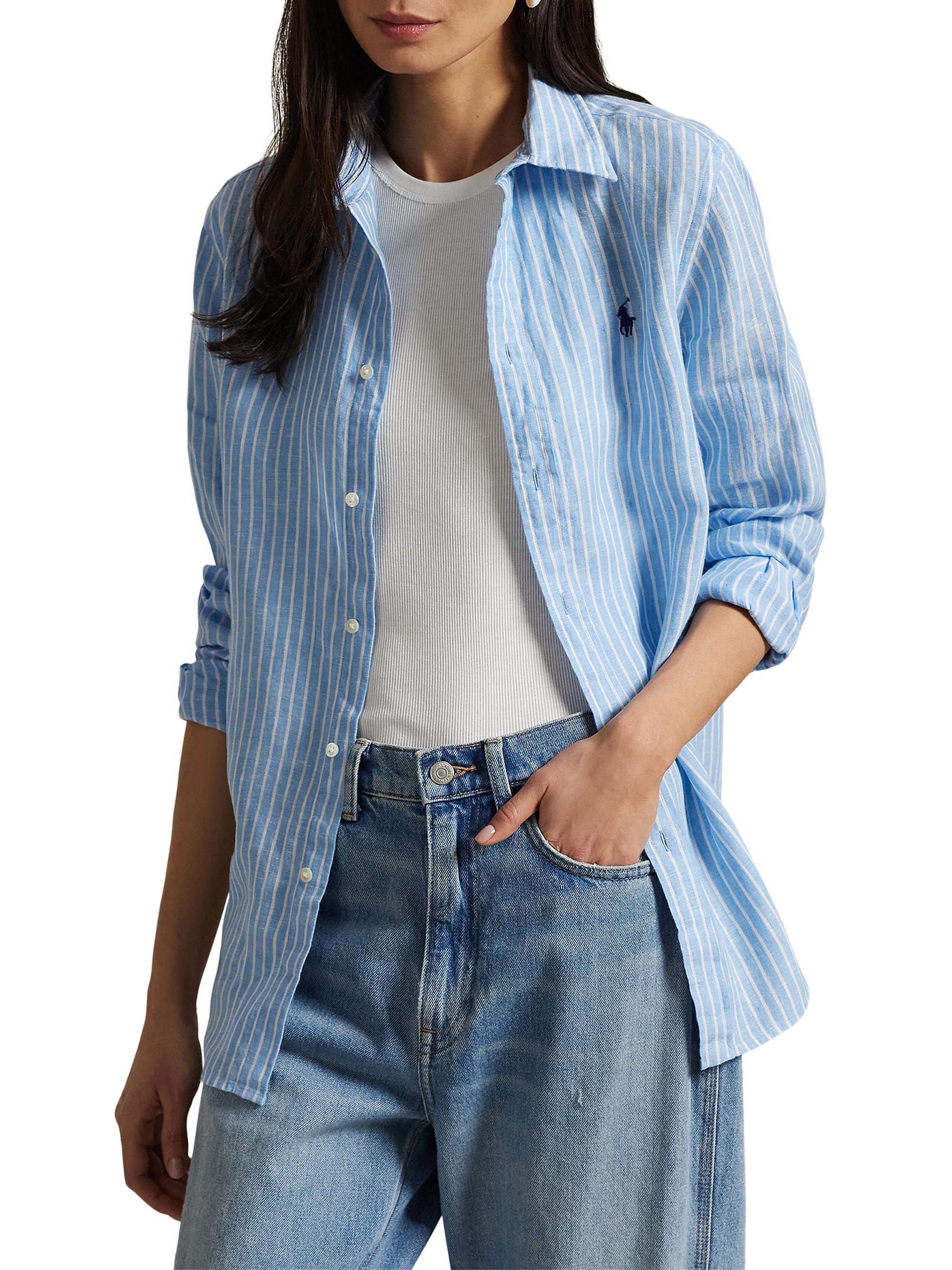 Polo Ralph Lauren Women's Classic Fit Striped Linen Button-Front Shirt - Light Blue White
