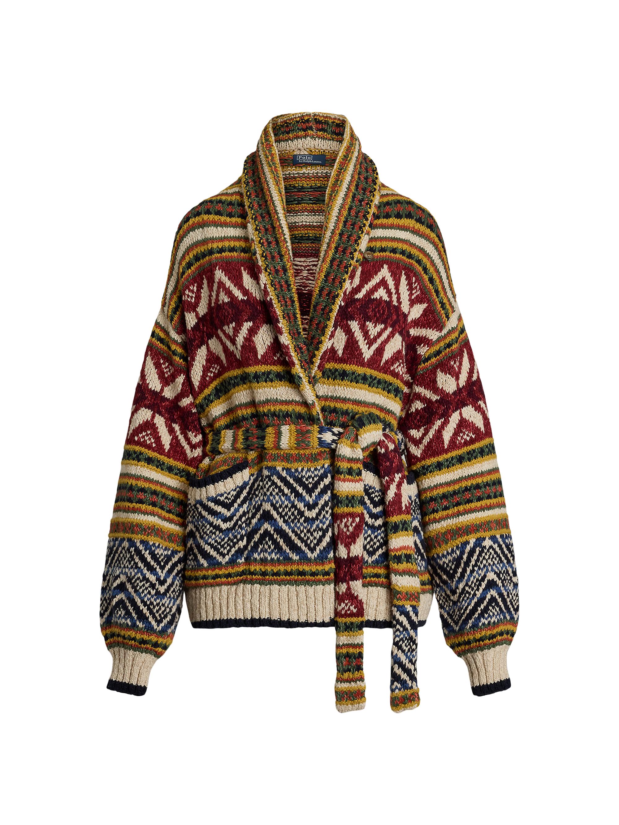 Polo Ralph Lauren Women's Intarsia-Knit Belted Cardigan - Tan Blue Multi