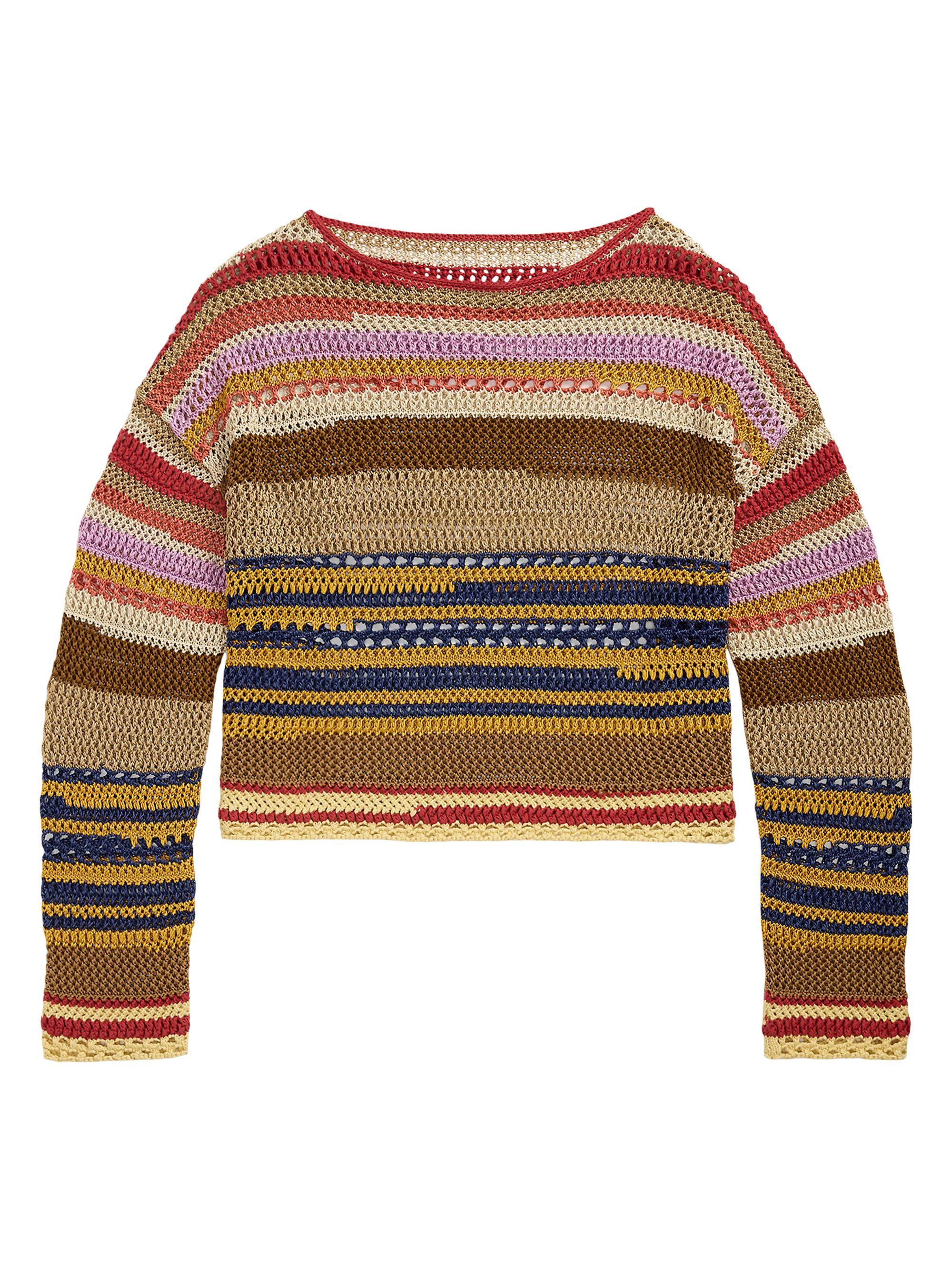 Polo Ralph Lauren Women's Striped Linen-Blend Crochet-Knit Sweater - Tan Multi