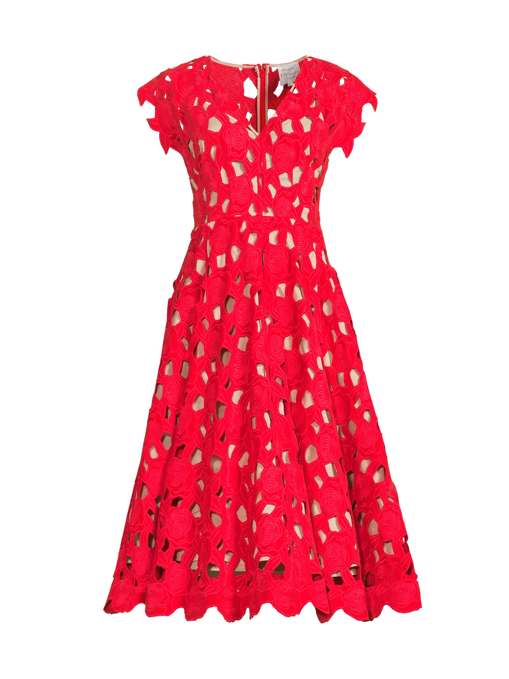 Hope for Flowers Women's Embroidered Cut-Out Velvet Midi-Dress - Red