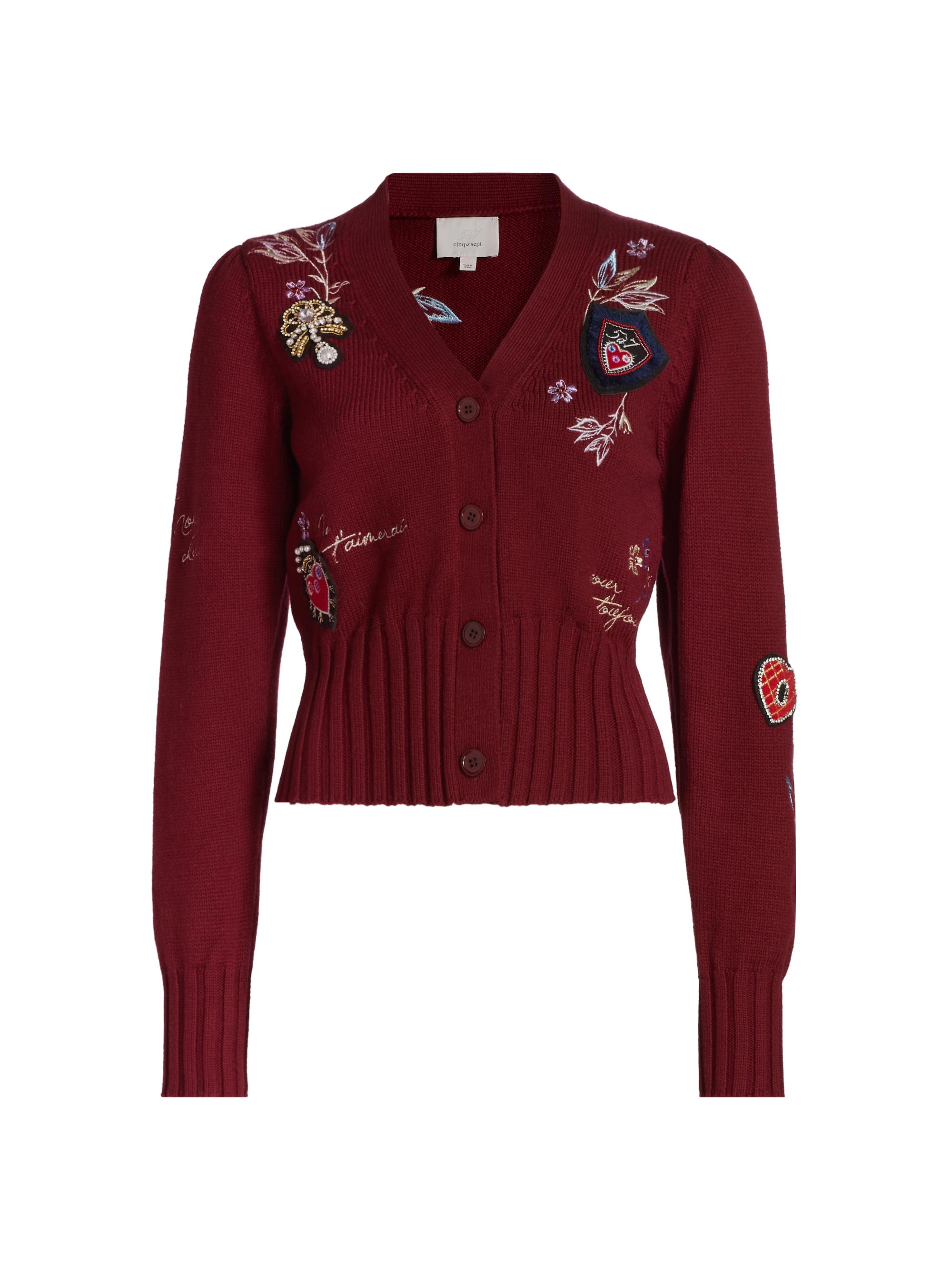 CINQ A SEPT Women's Heritage Patch Morgan Cotton-Blend Knit Cardigan - Oxblood Multi