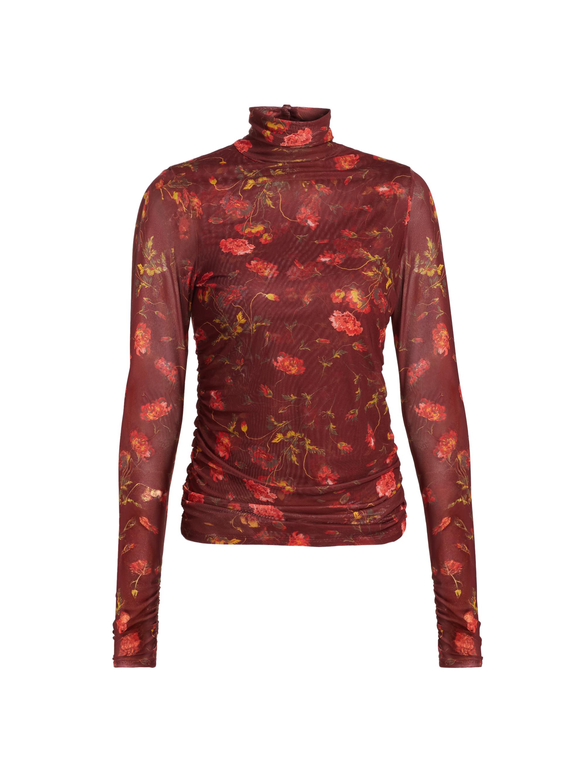 Cinq à Sept Women's Falling Poppies Mesh Turtleneck Top - Rhubarb Multi