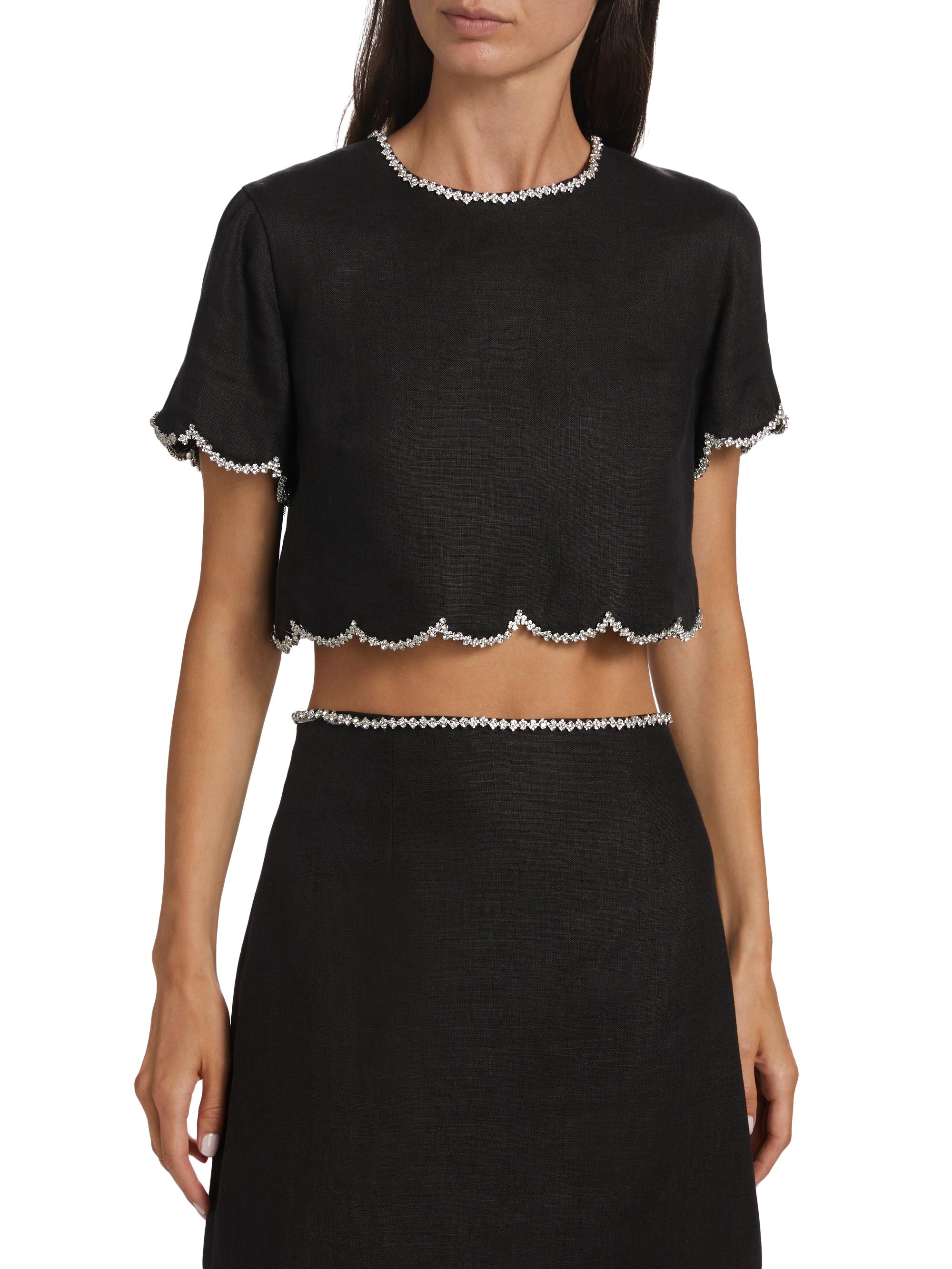 Zimmermann Crush Crystal-Embellished Scalloped Linen Crop Top