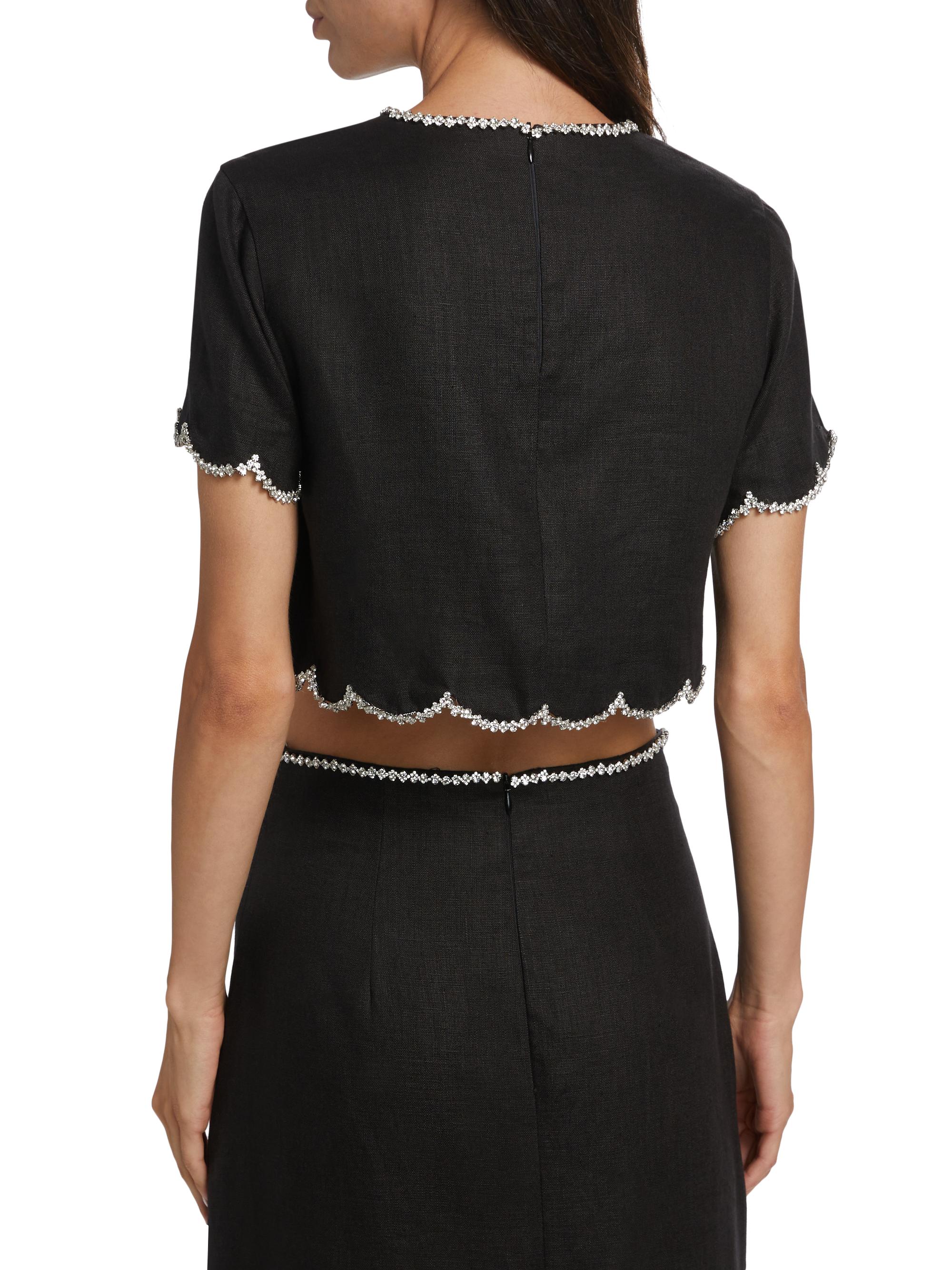 Zimmermann Crush Crystal-Embellished Scalloped Linen Crop Top