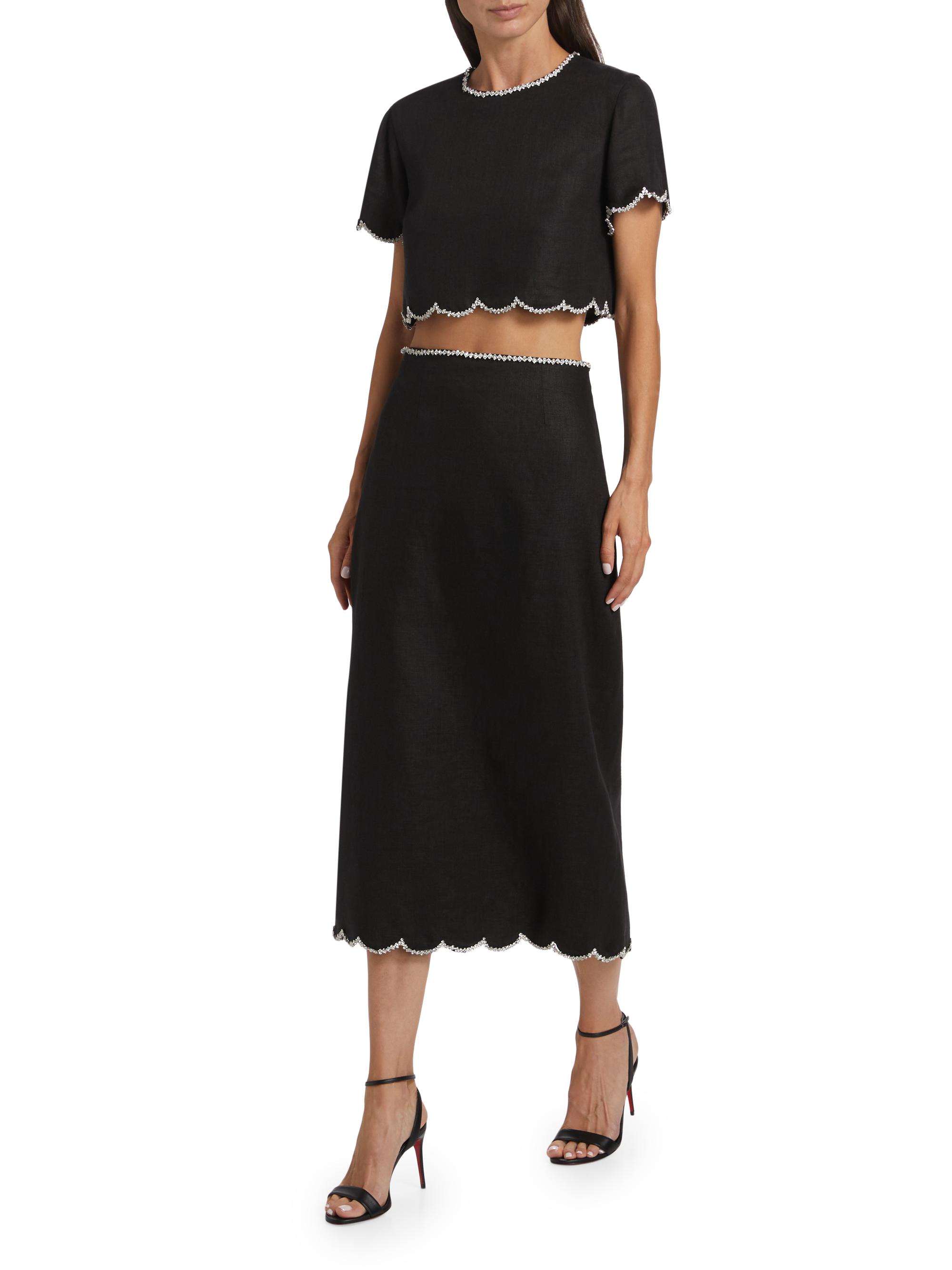 Zimmermann Crush Crystal-Embellished Scalloped Linen Crop Top