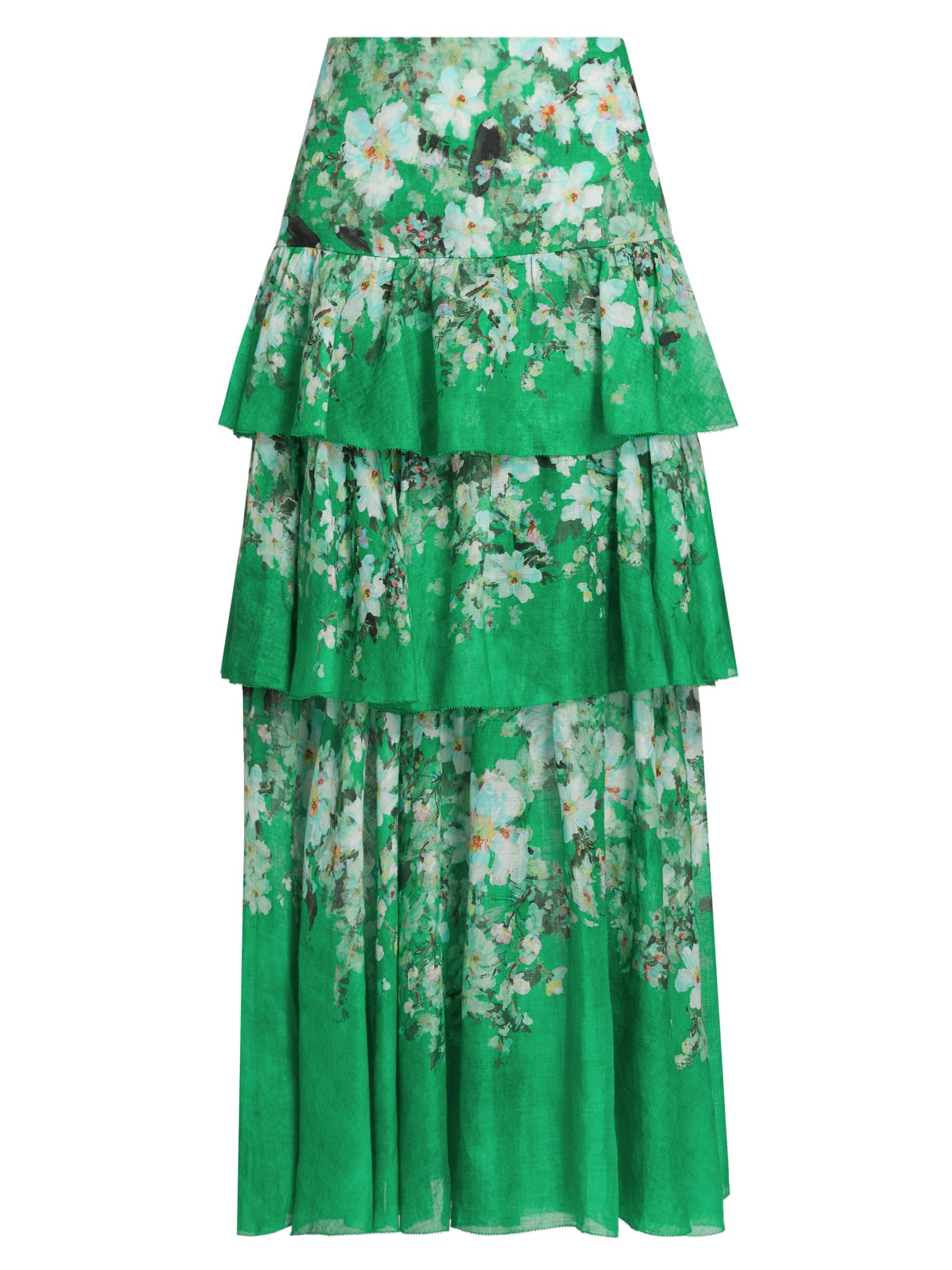 Zimmermann Women's Everley Floral Tiered Midi-Skirt - Green Watercolour Floral
