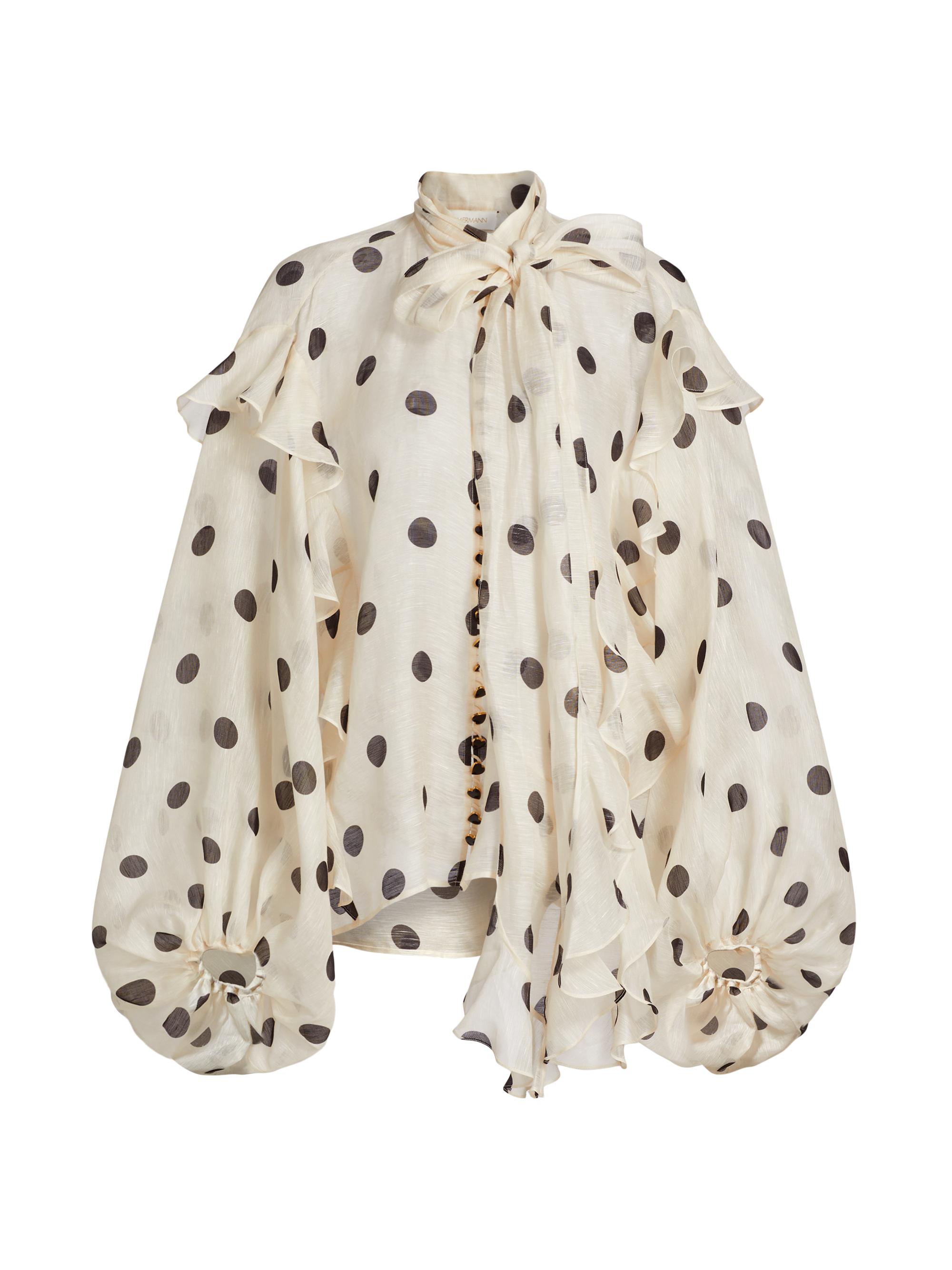 Zimmermann Women's Crush Ruffled Polka Dot Tieneck Shirt - Cream Black Dot