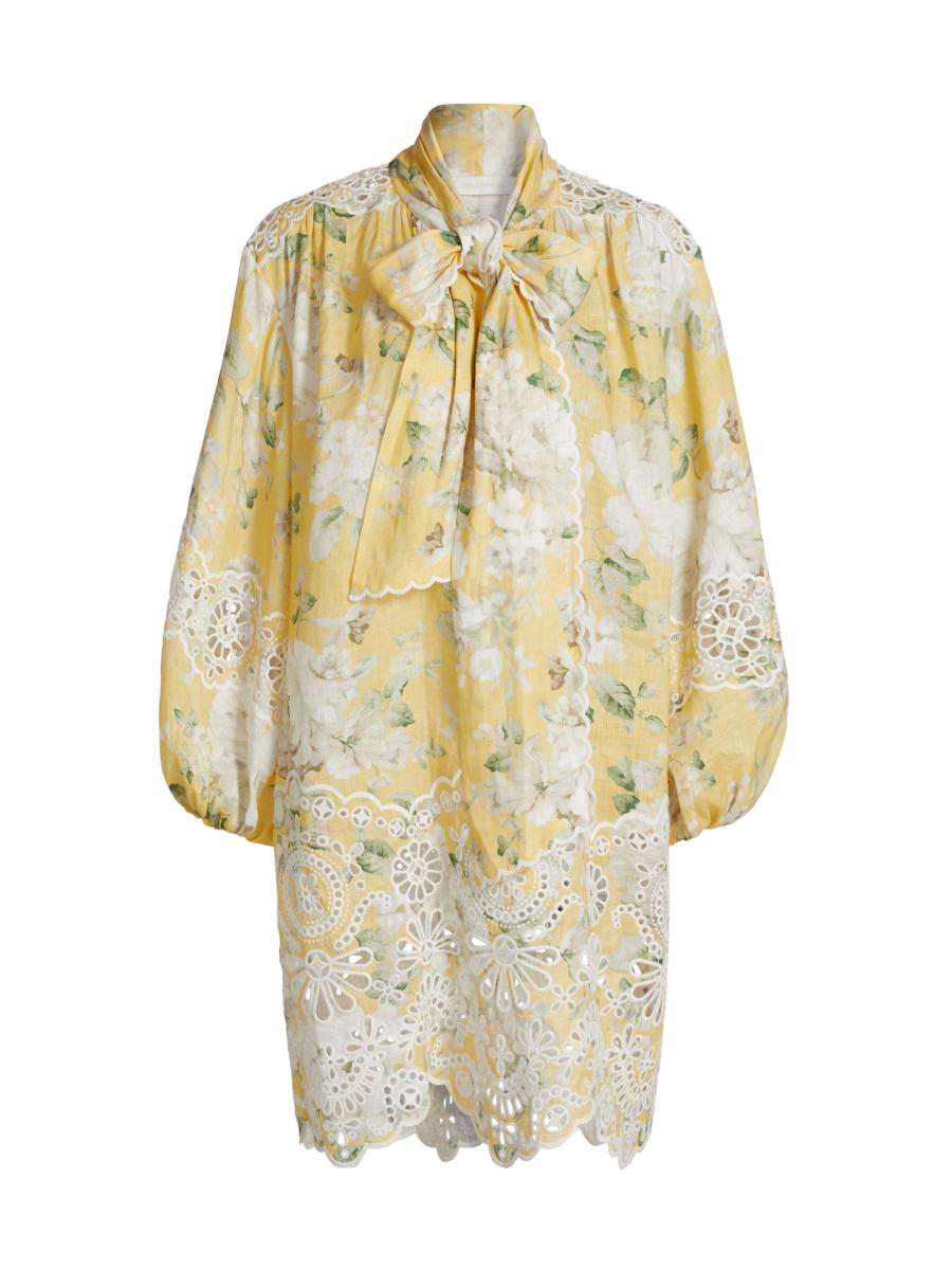 Zimmermann Acacia Broderie Floral Tieneck Minidress | Saks