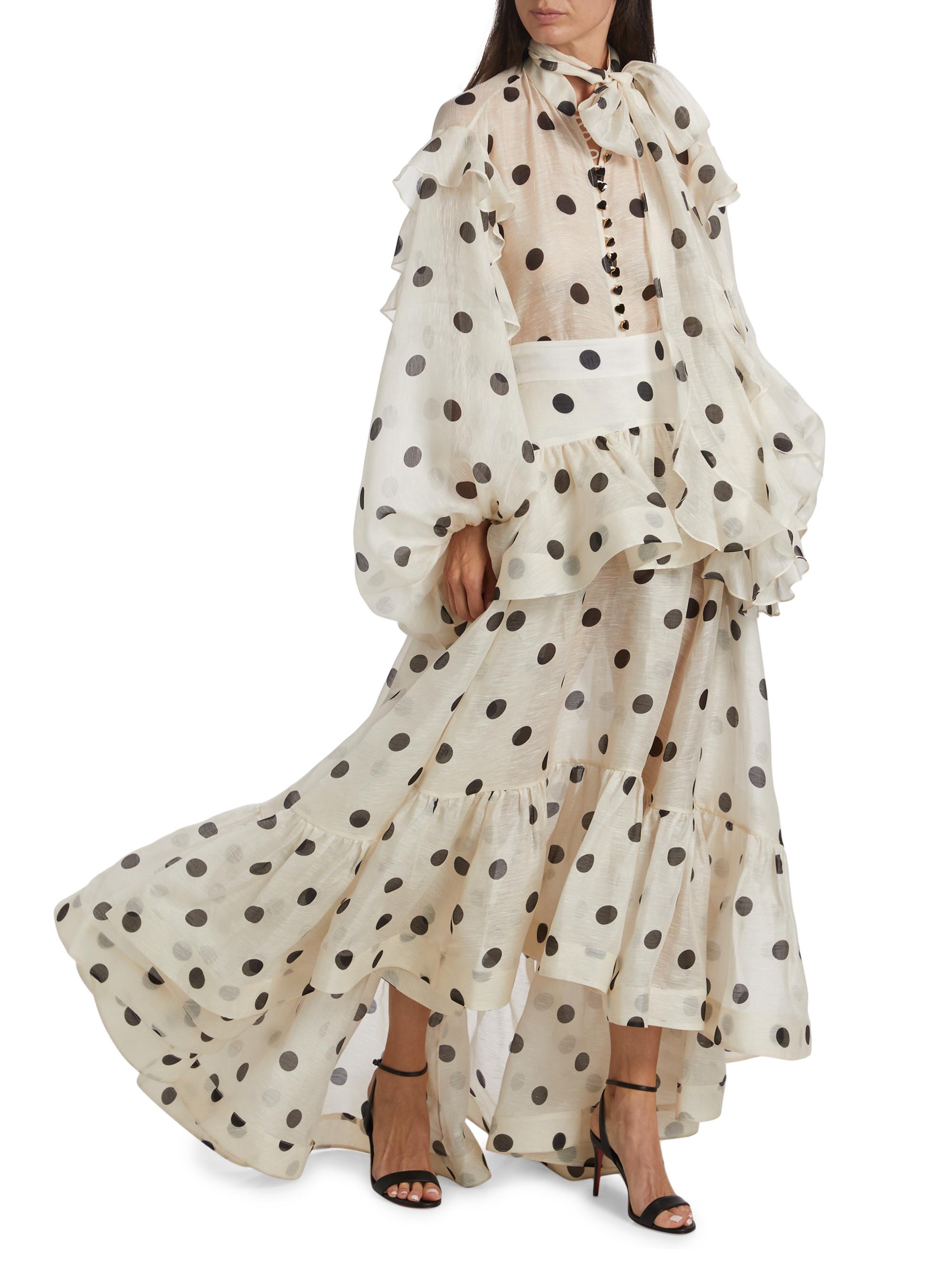 chinese dress ladies Zimmermann Crush V Neck Midi Dress, Cream/Black Dot, Size 4, 100% Linen