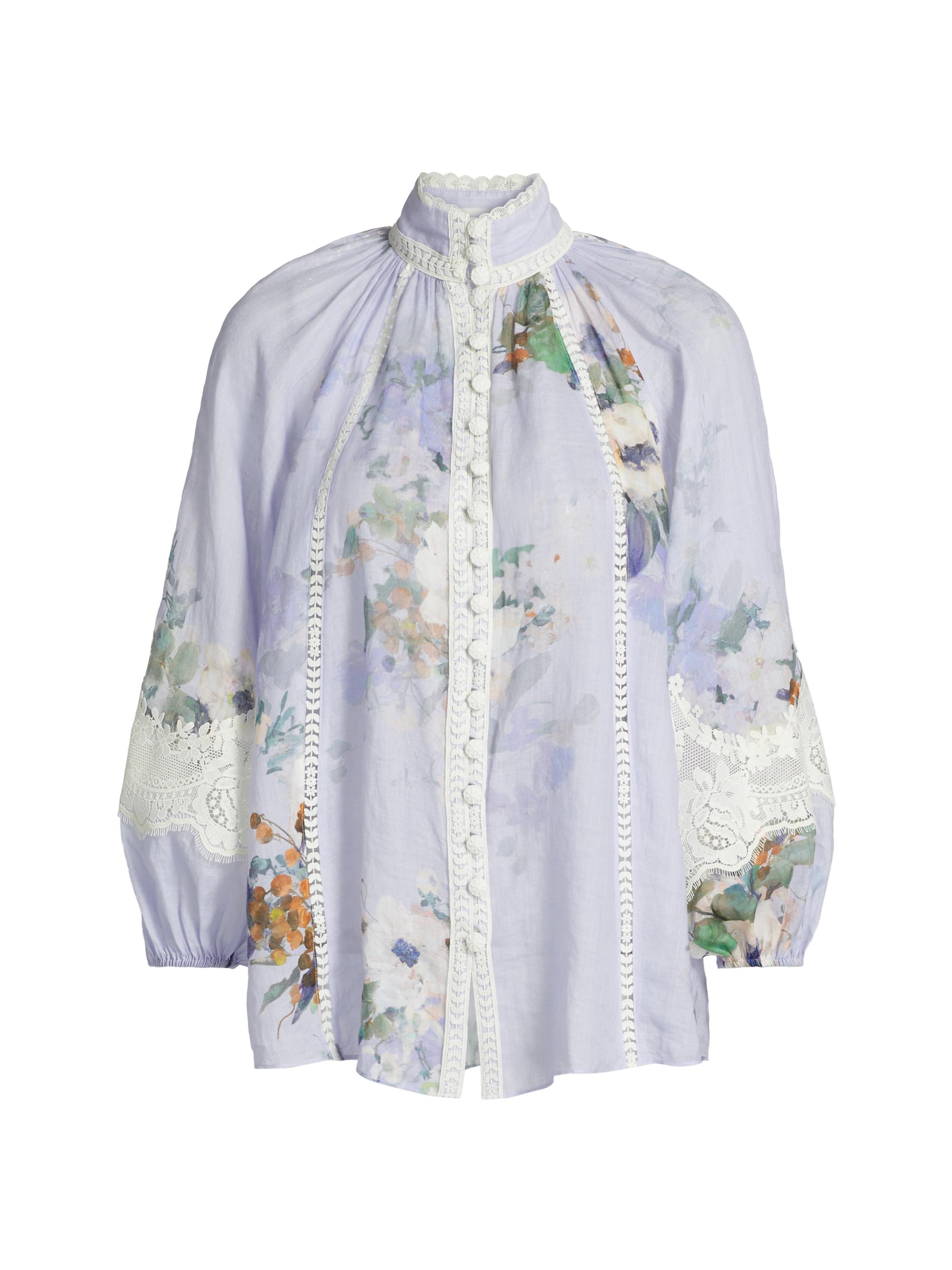 Zimmermann Women's Everley Lace-Trim Blouse - Light Blue Watercolour Floral