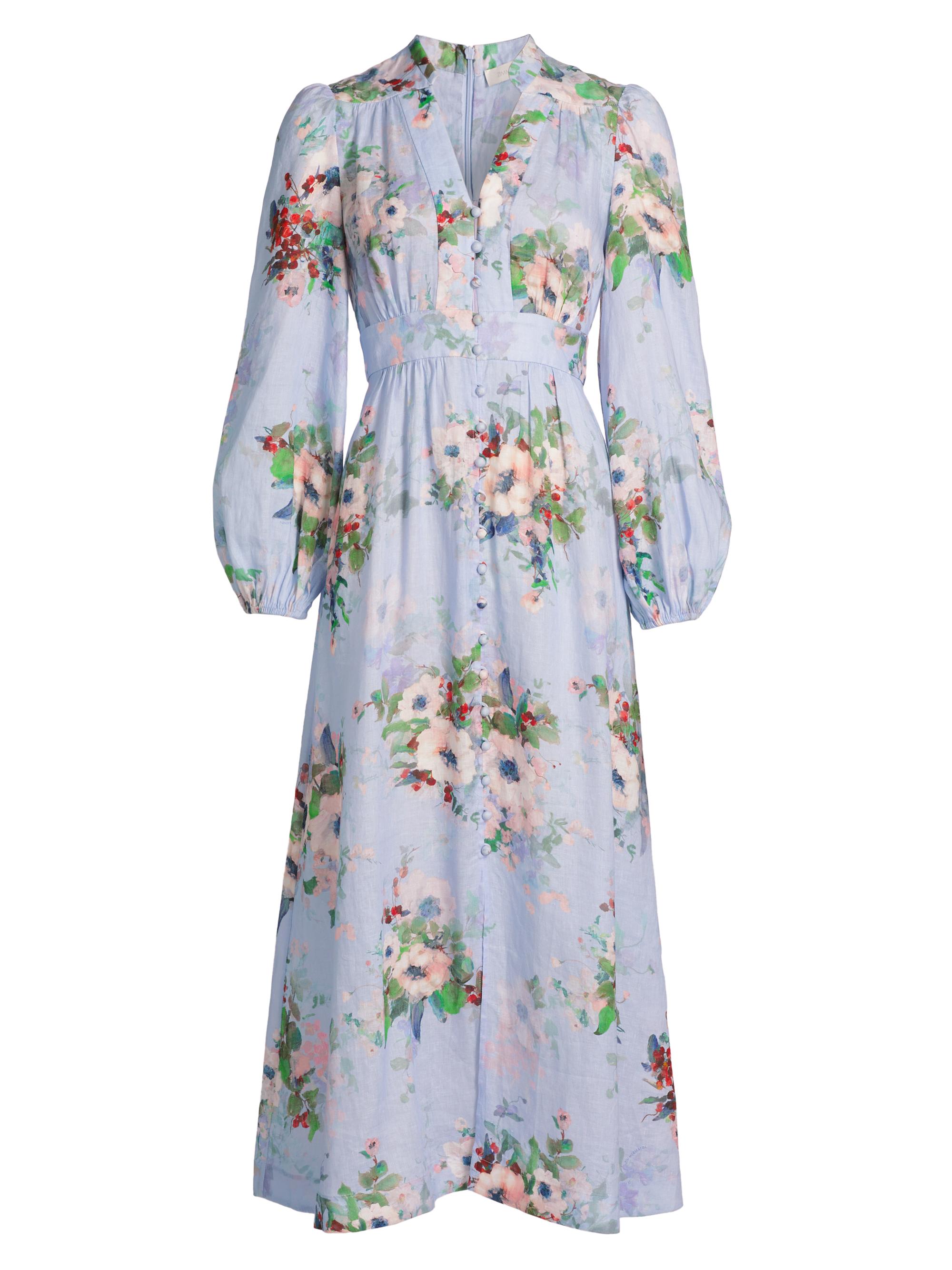 Zimmermann Women's Everley Floral Linen Midi-Dress - Light Blue Watercolour Floral