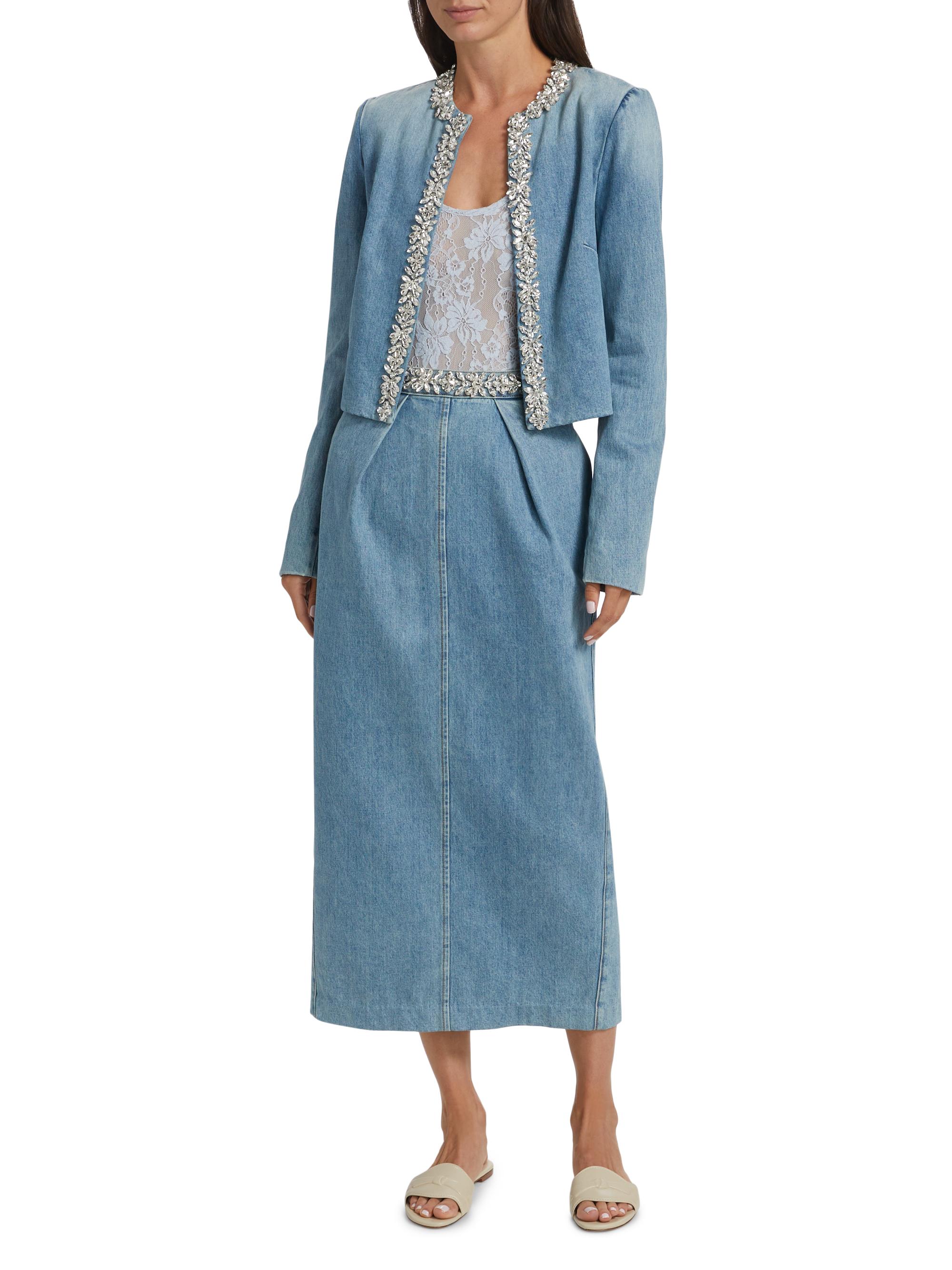 zimmermann crush embellished denim dress Resort 2025: The Crush Denim Biker Jacket and Denim Frill Skirt, paired  with the Crush Embellished Tee and Zimmermann Eliot Derby, presented as  look 2 for Resort 25. #Crush #ZimResort25 #zimmermann