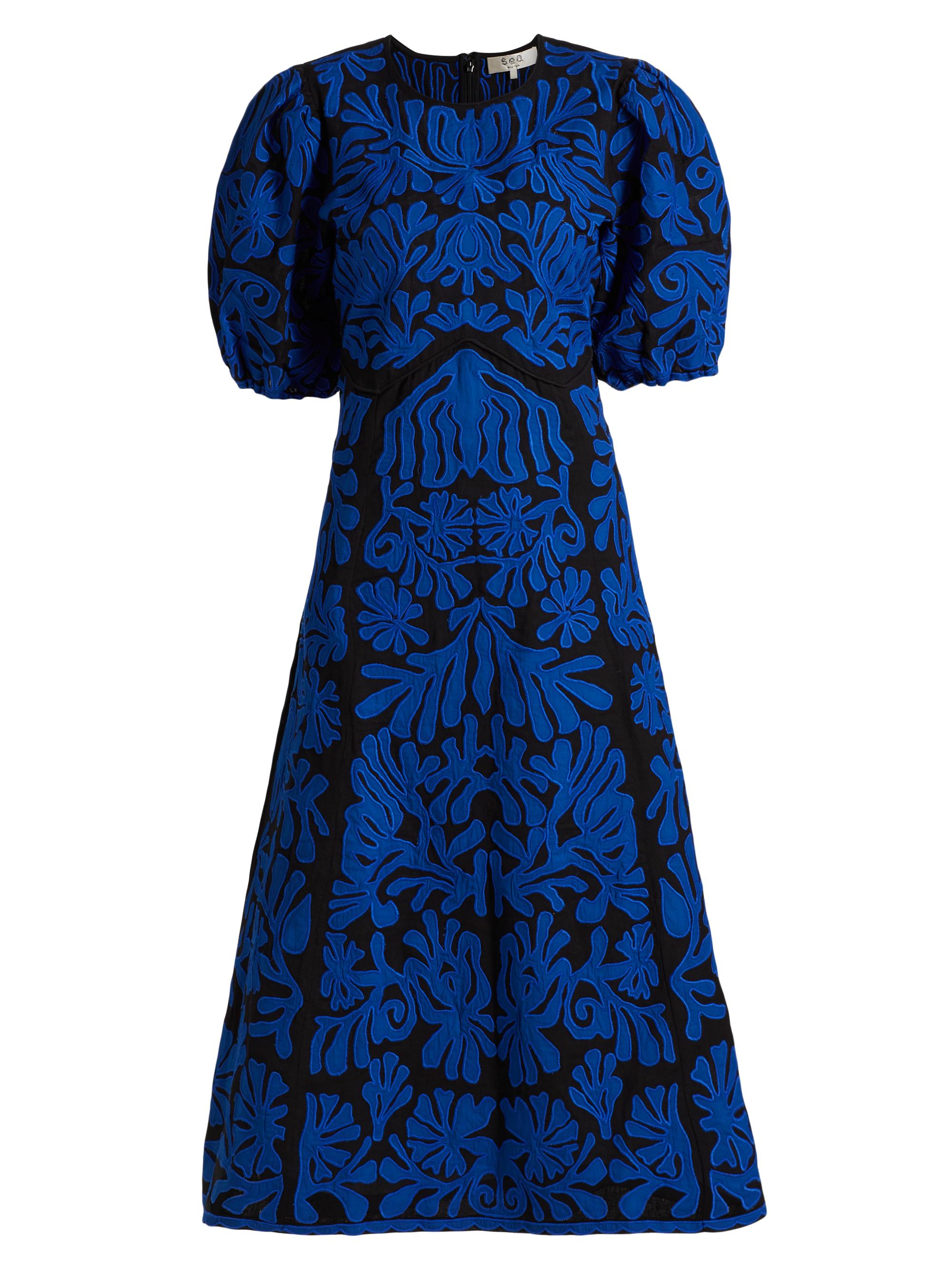 Sea Women's Agathe Applique Puff-Sleeve Midi-Dress - Blue