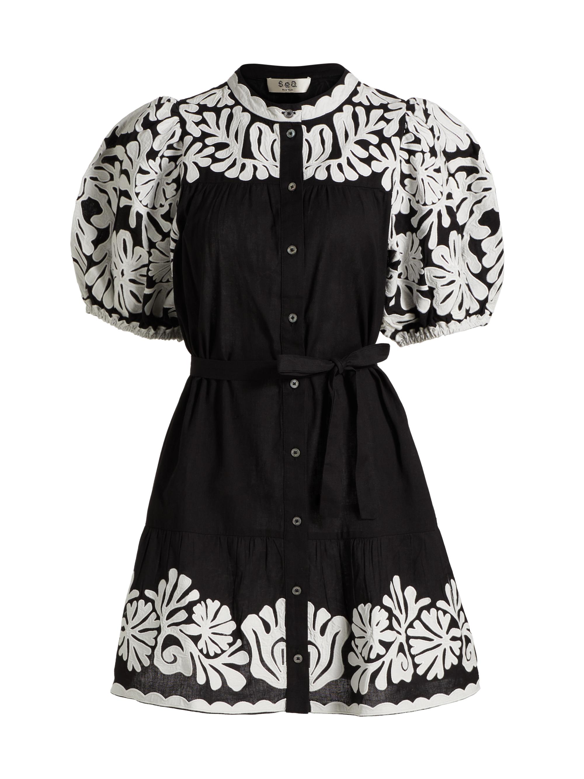 Sea Women's Agathe Appliqué Puff-Sleeve Minidress - Black