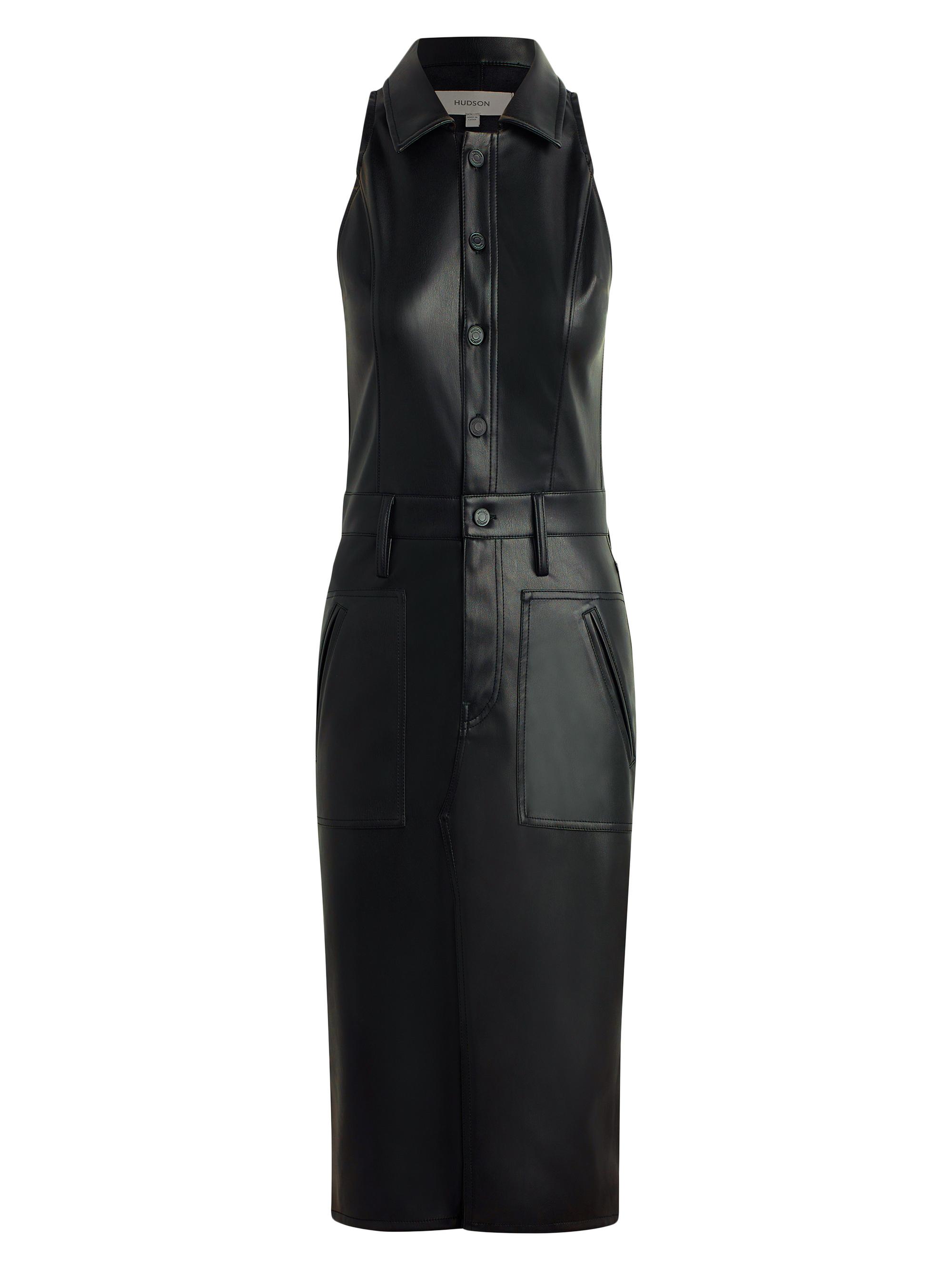 knee length dresses for ladies Miss Circle Women Gardenia Black Leather Midi Sweetheart Halter Flared Dress main image 1