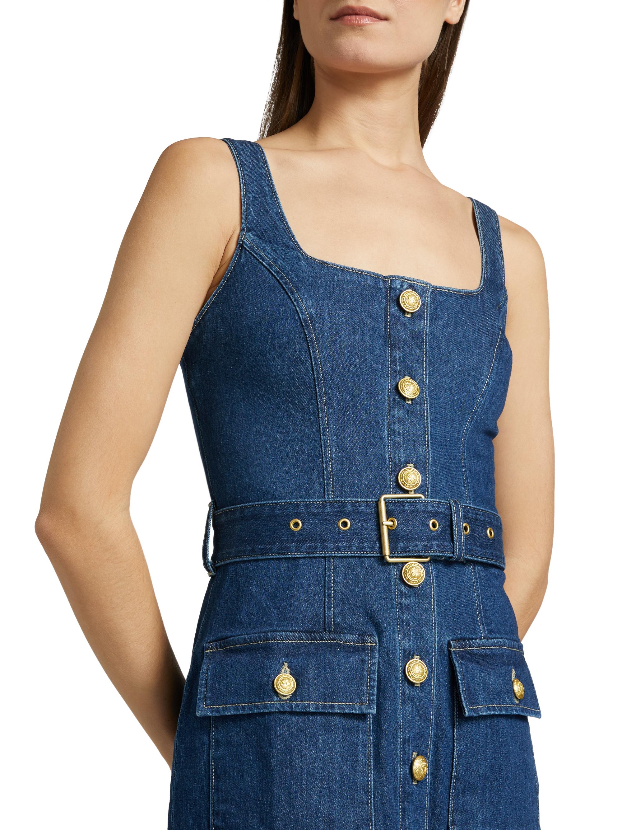 slim fit dress slacks CHIC AF GOLD BUTTON DENIM MIDI DRESS – AKIRA main image 0