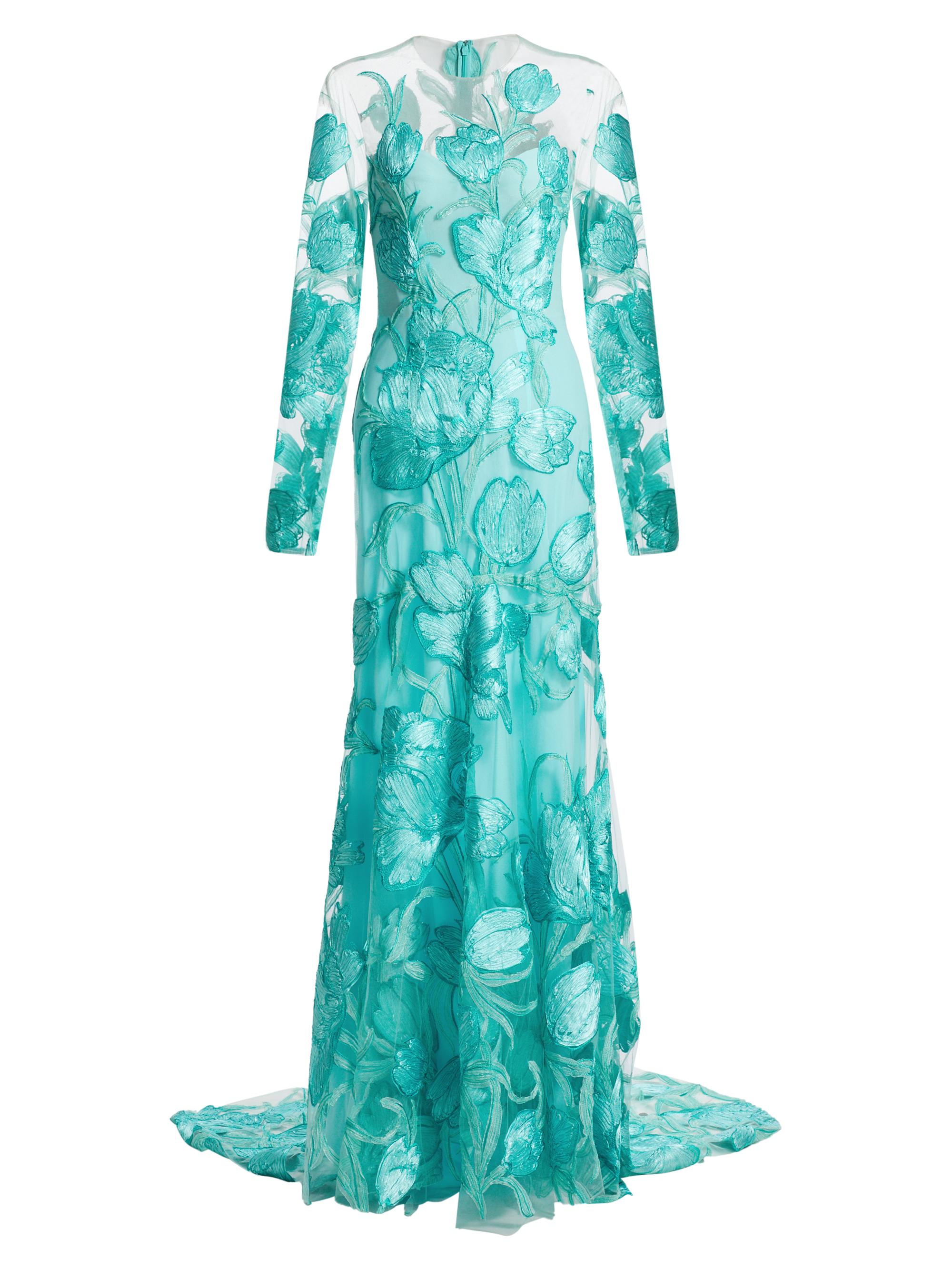 Monique Lhuillier Women's Petal Appliqué Illusion Trumpet Gown - Aqua