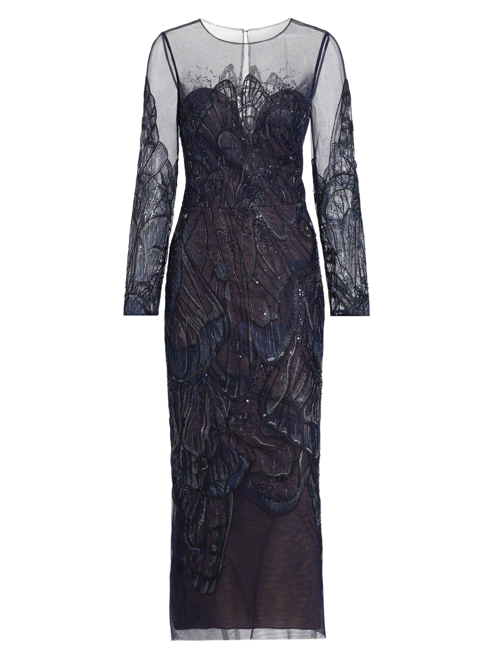 Marchesa Notte Women's Embroidered Tulle Illusion-Neck Midi-Dress - Blue
